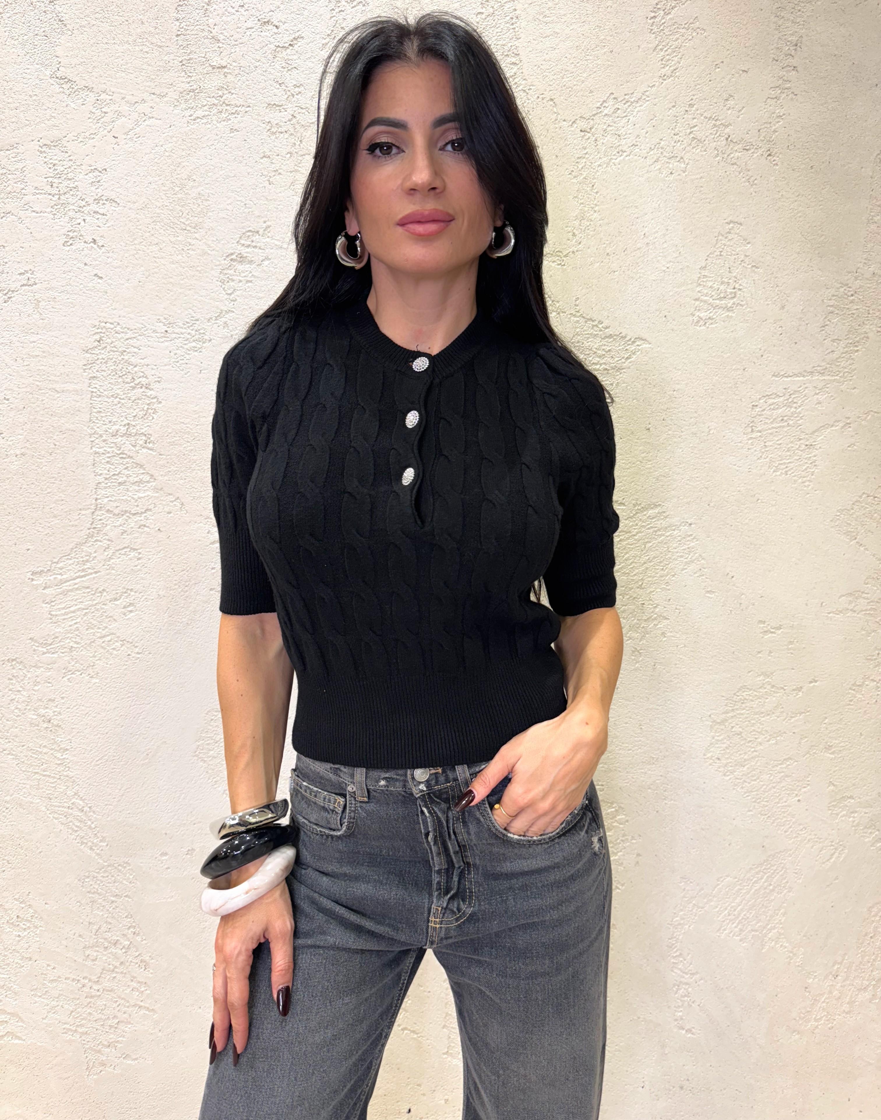 pull a trecce con bottoni gioiello e maniche corte 72185AI25 NERO TENSIONE IN