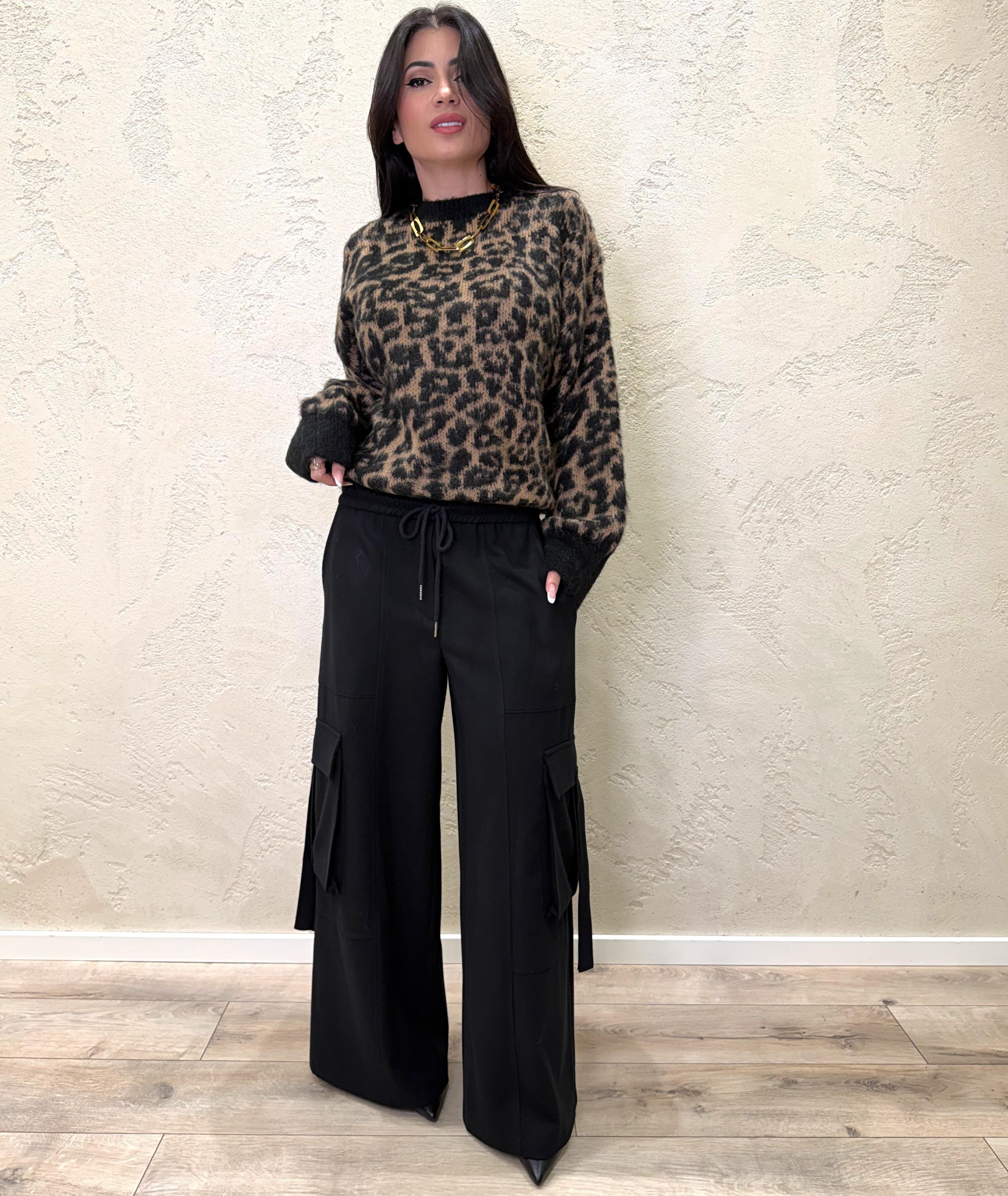 pantalone cargo a palazzo in calda viscosa 26P1748 NERO TENSIONE IN