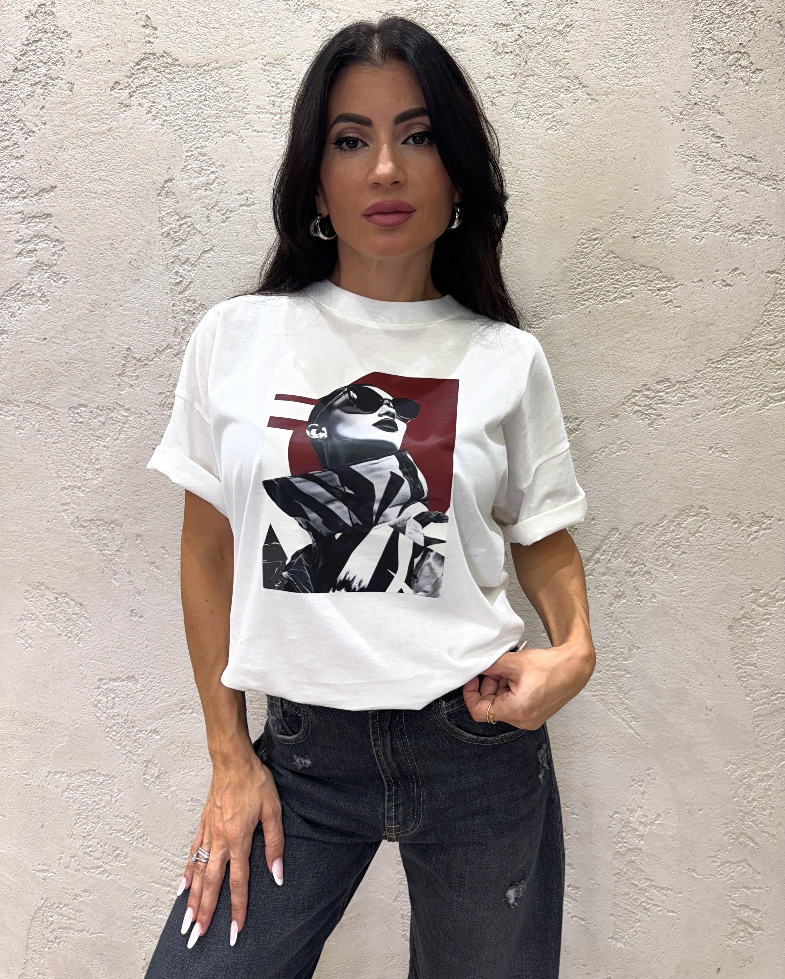 t-shirt over con stampa donna con occhiali da sole RF0069 BIANCO VICOLO