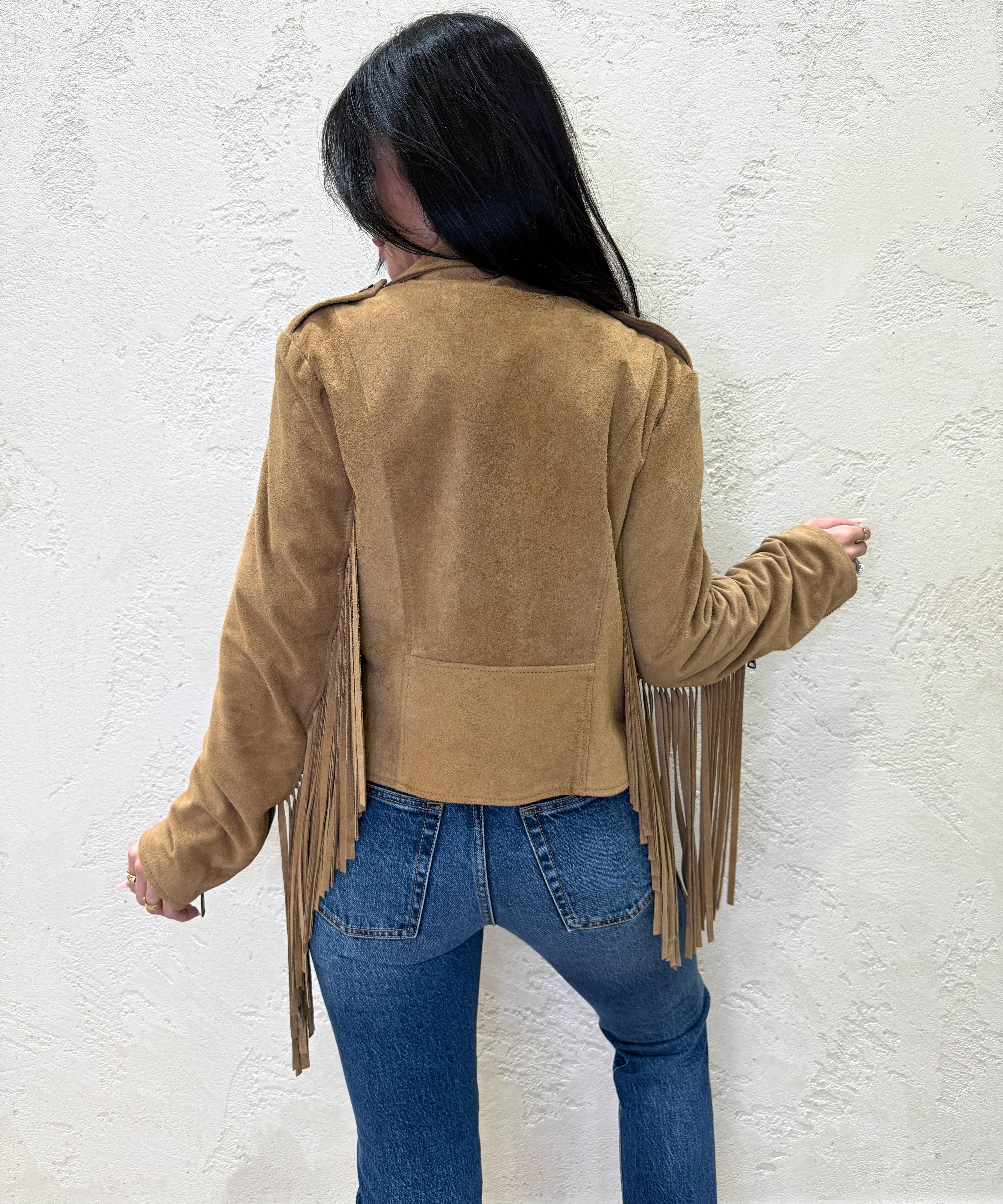 chiodo in pelle scamosciato con frange TAB0172 BEIGE VICOLO