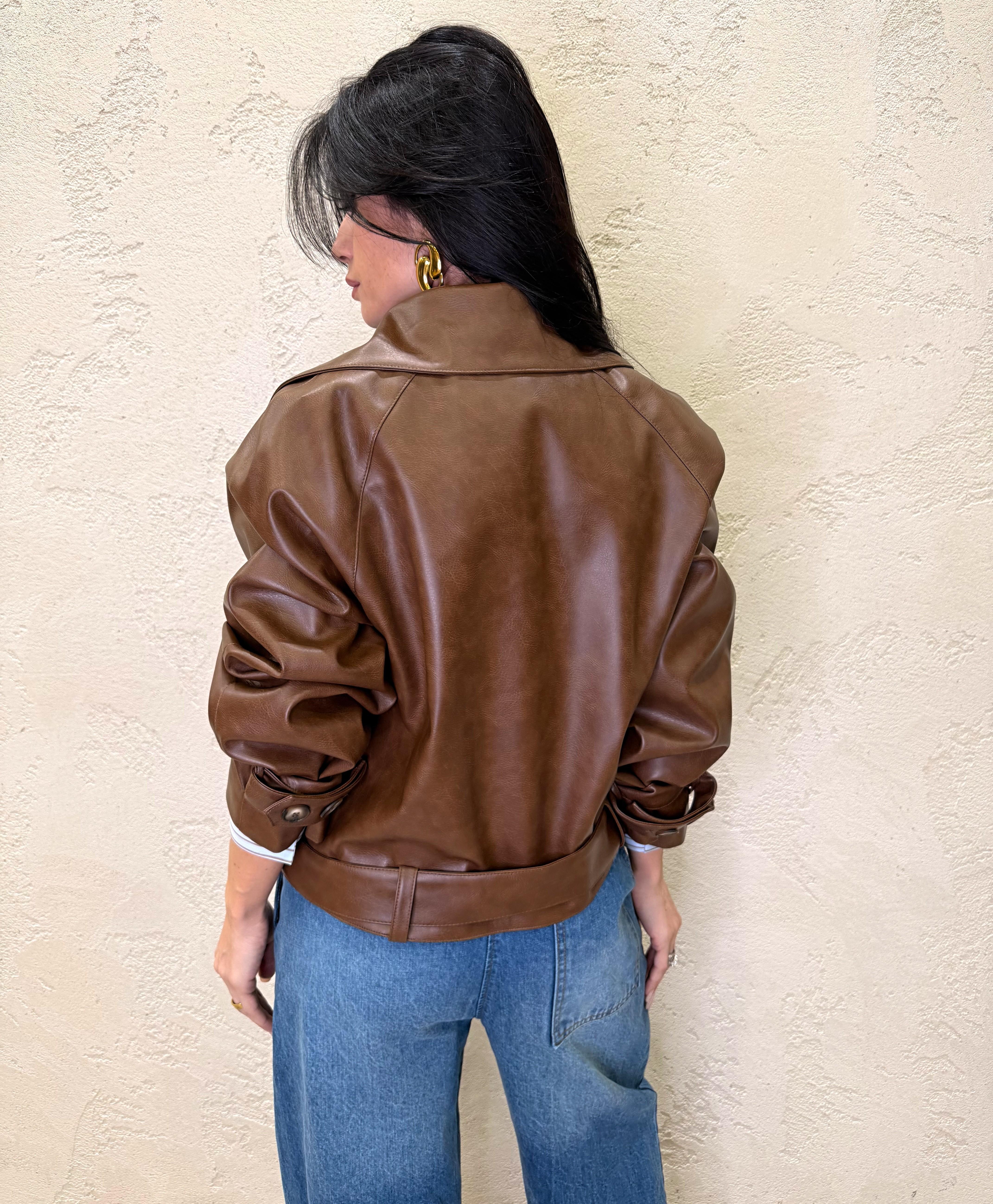 bomber corto in ecopelle doppiopetto KFS-Q014 CUOIO HAVEONE