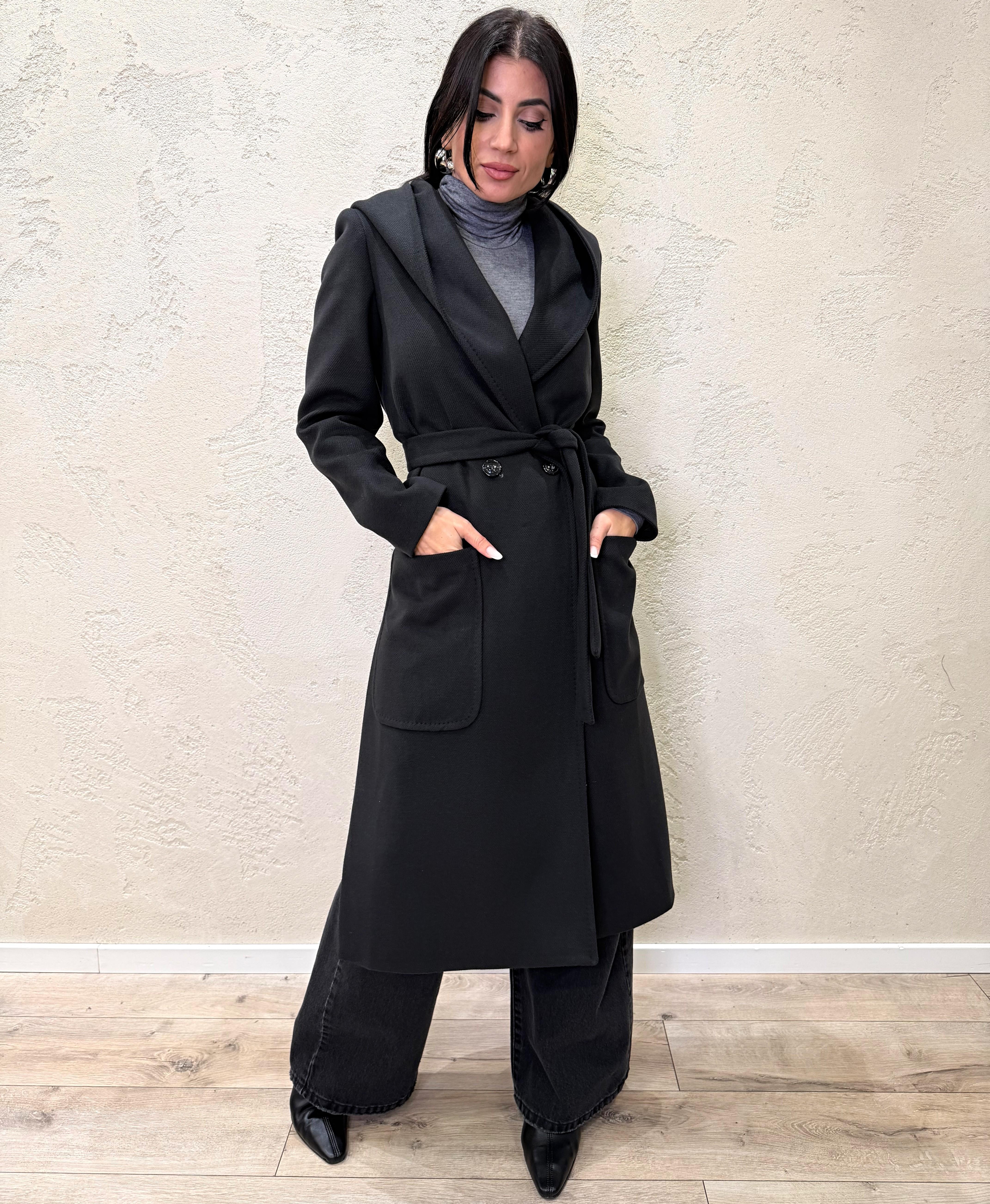 cappotto lungo doppio petto con cappuccio e cintura 9999MRKAI25 NERO TENSIONE IN
