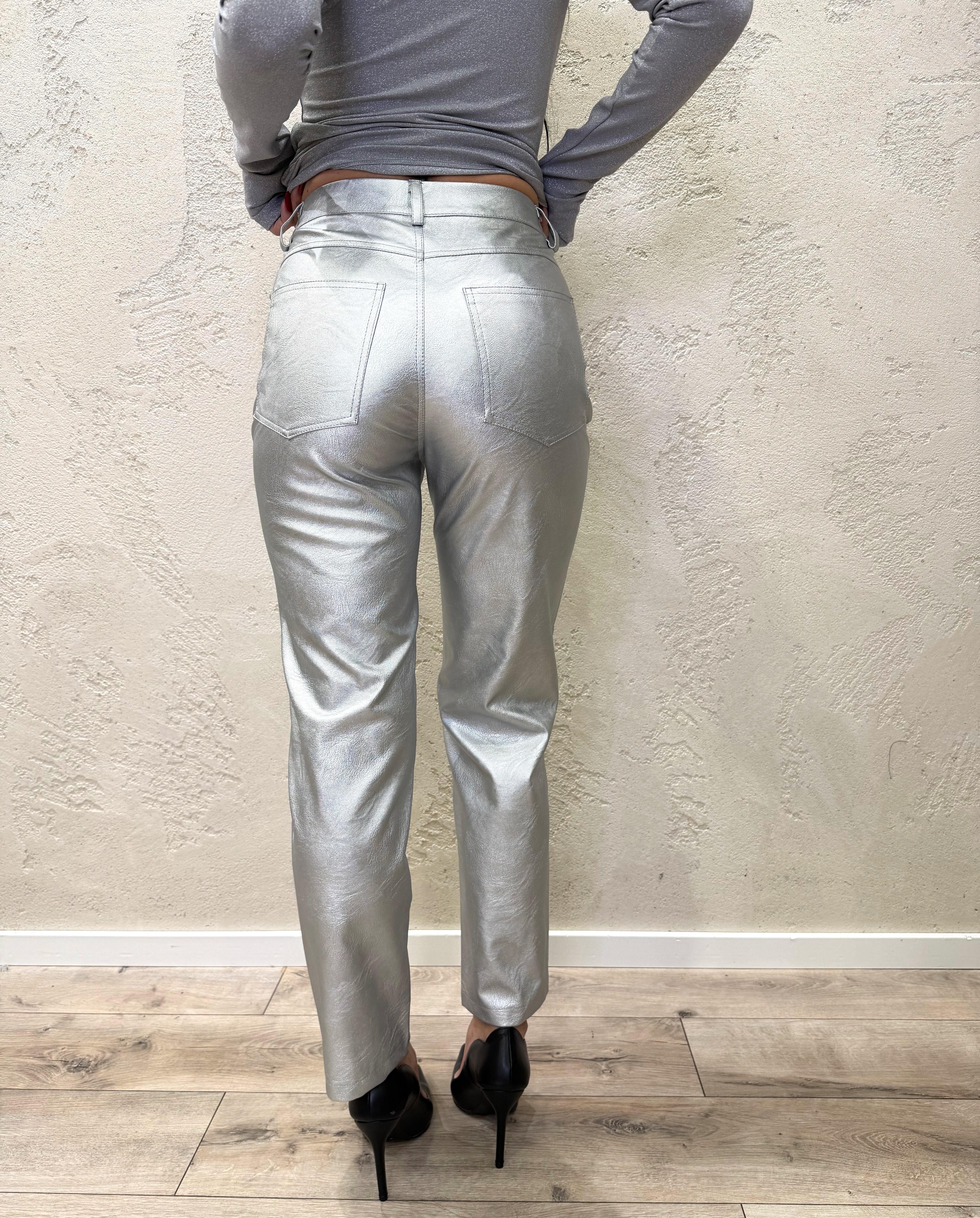 pantalone a gamba dritta in ecopelle martellata effetto laminato 225092-1 ARGENTO TENSIONE IN