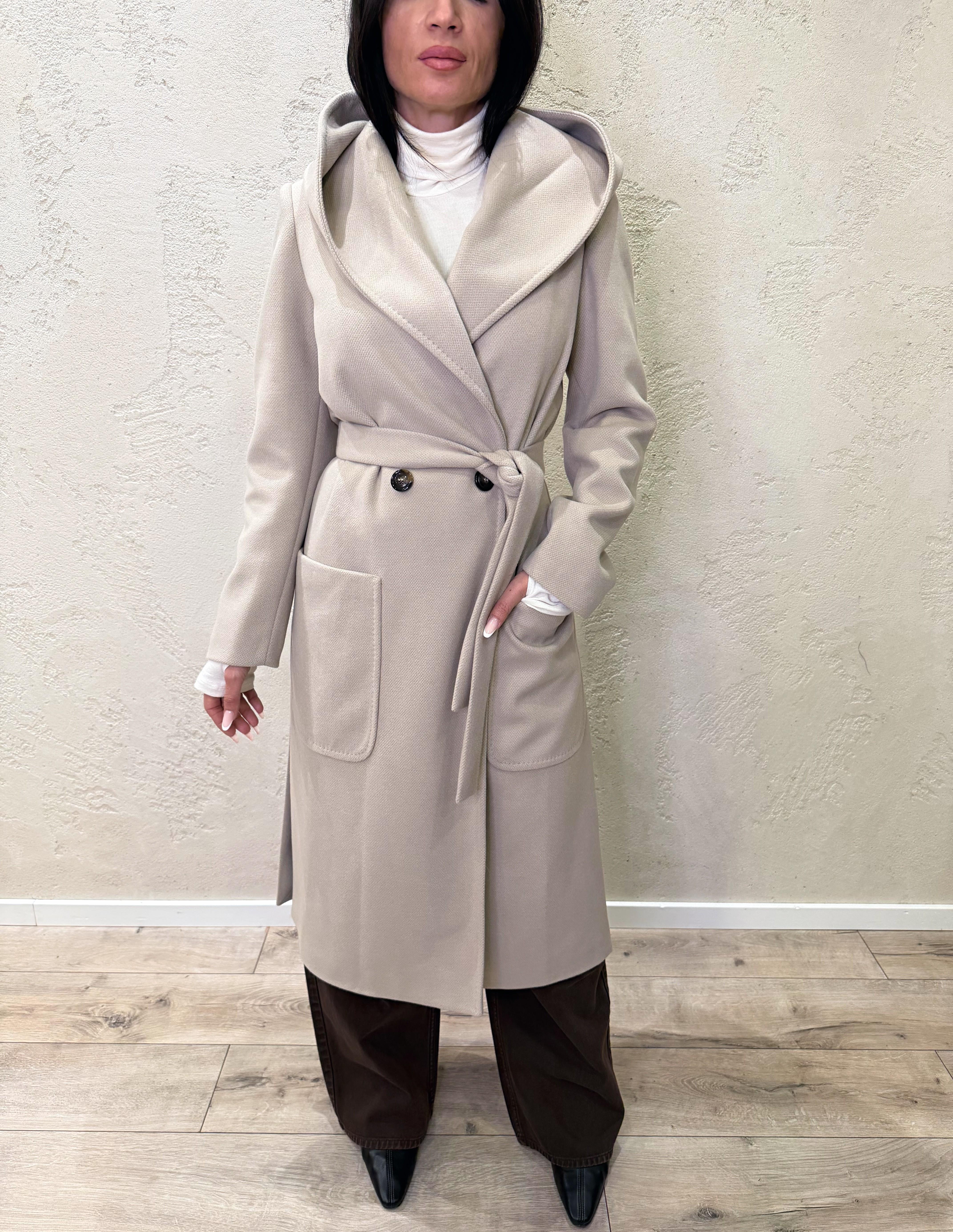 cappotto lungo doppio petto con cappuccio e cintura 9999MRKAI25 AVORIO TENSIONE IN