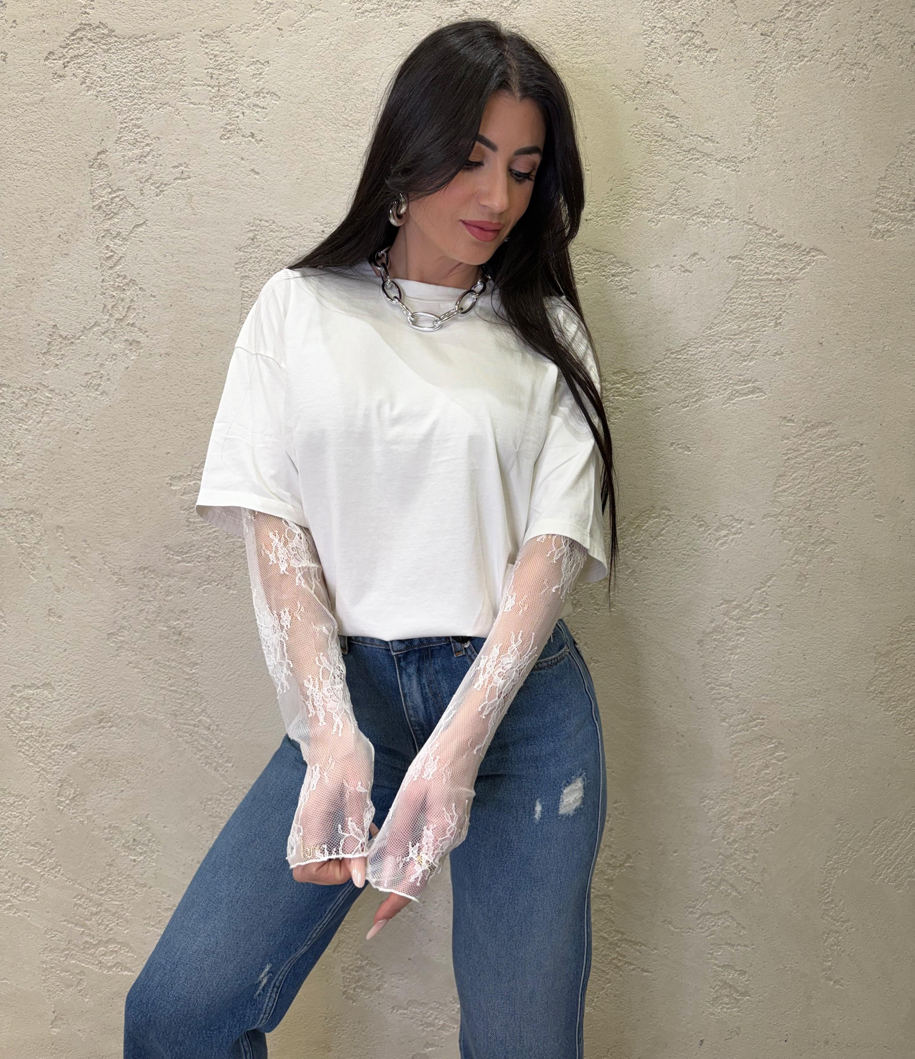 t-shirt con maniche in pizzo 11073 LATTE SUSY MIX