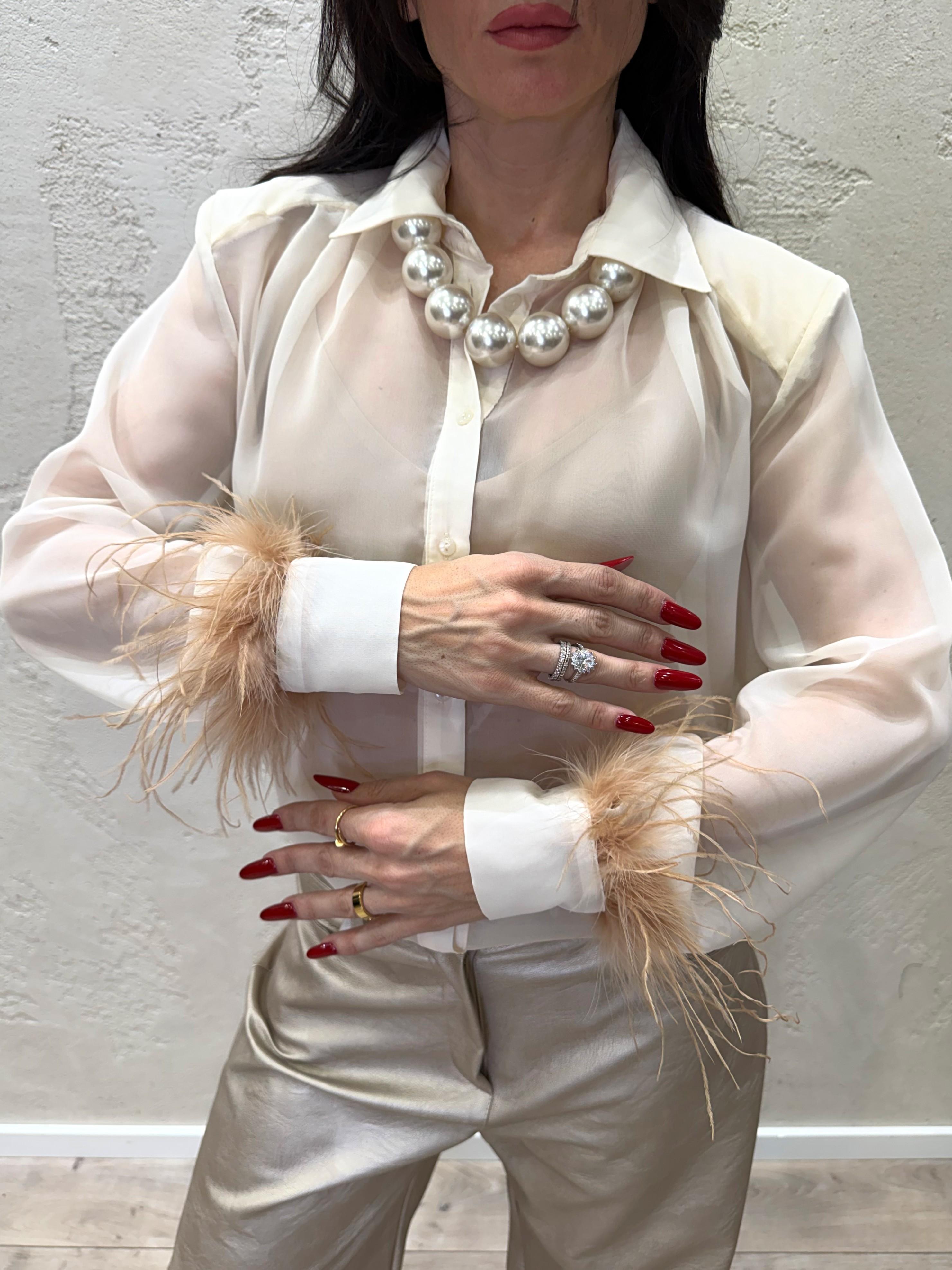 camicia in chiffon con piume C50402MO PANNA MOTEL