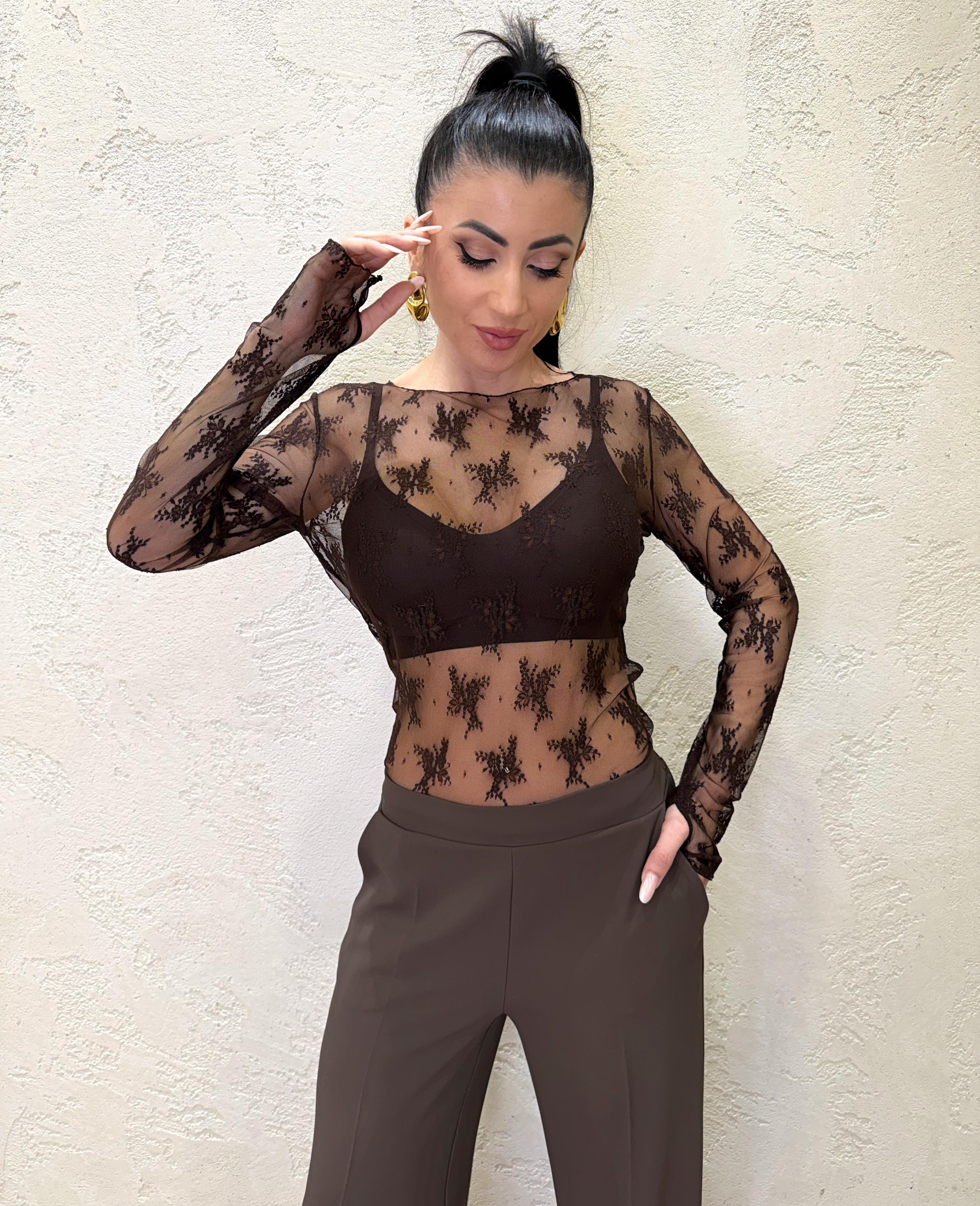 maglia in pizzo con scollo a barca e manicotti 10997 MORO SUSY MIX