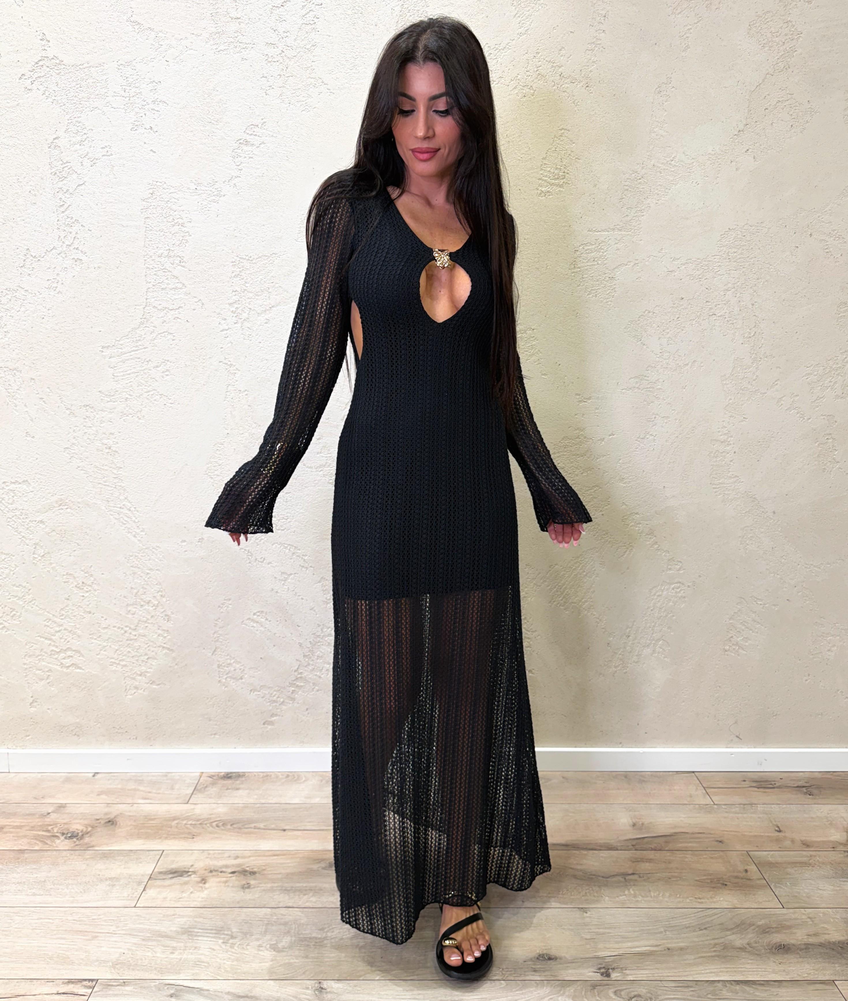 abito lungo crochet con cut out e accessorio AMA-Q047 NERO HAVEONE