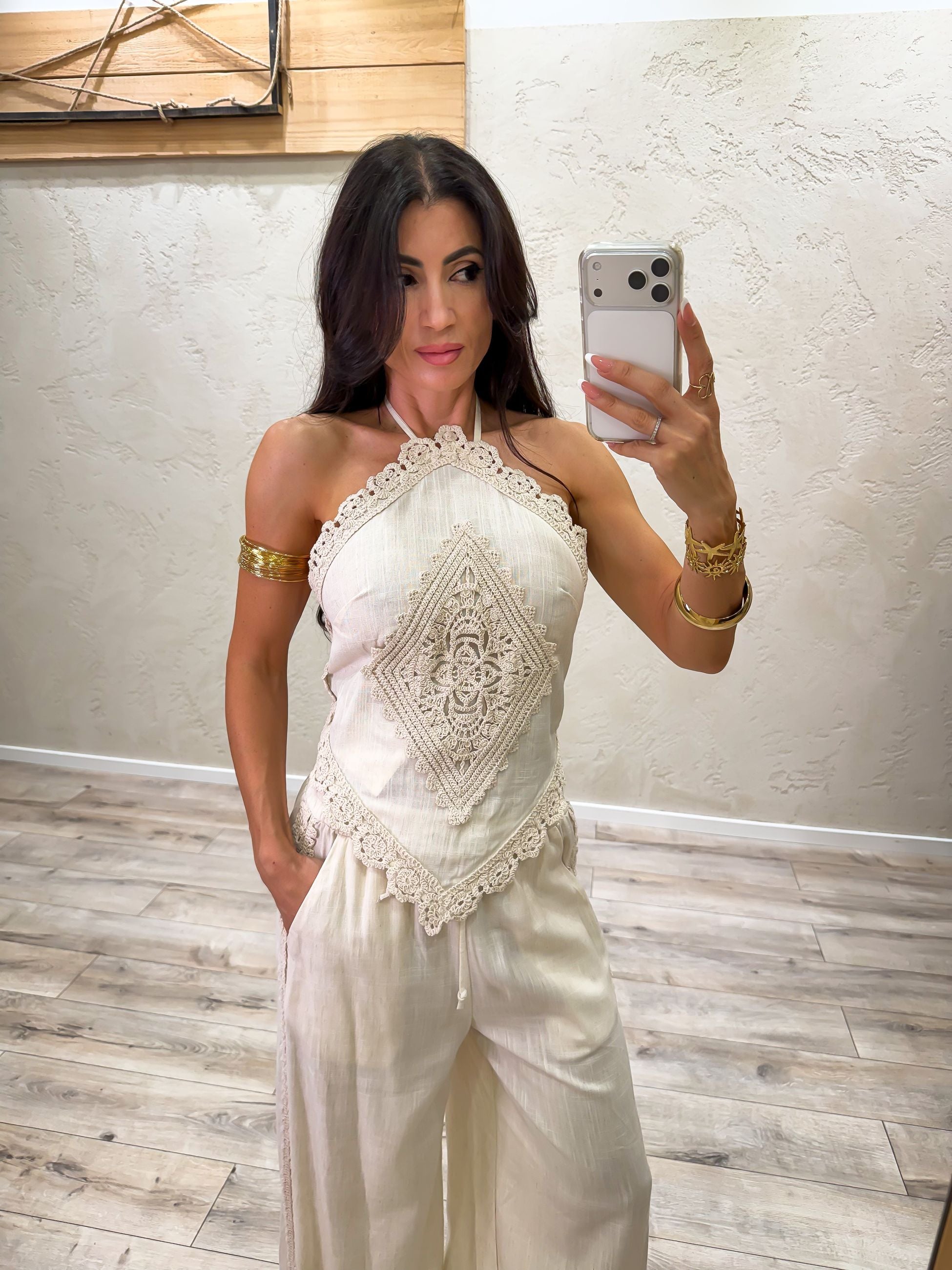 top "positano" in misto lino con inserti crochet