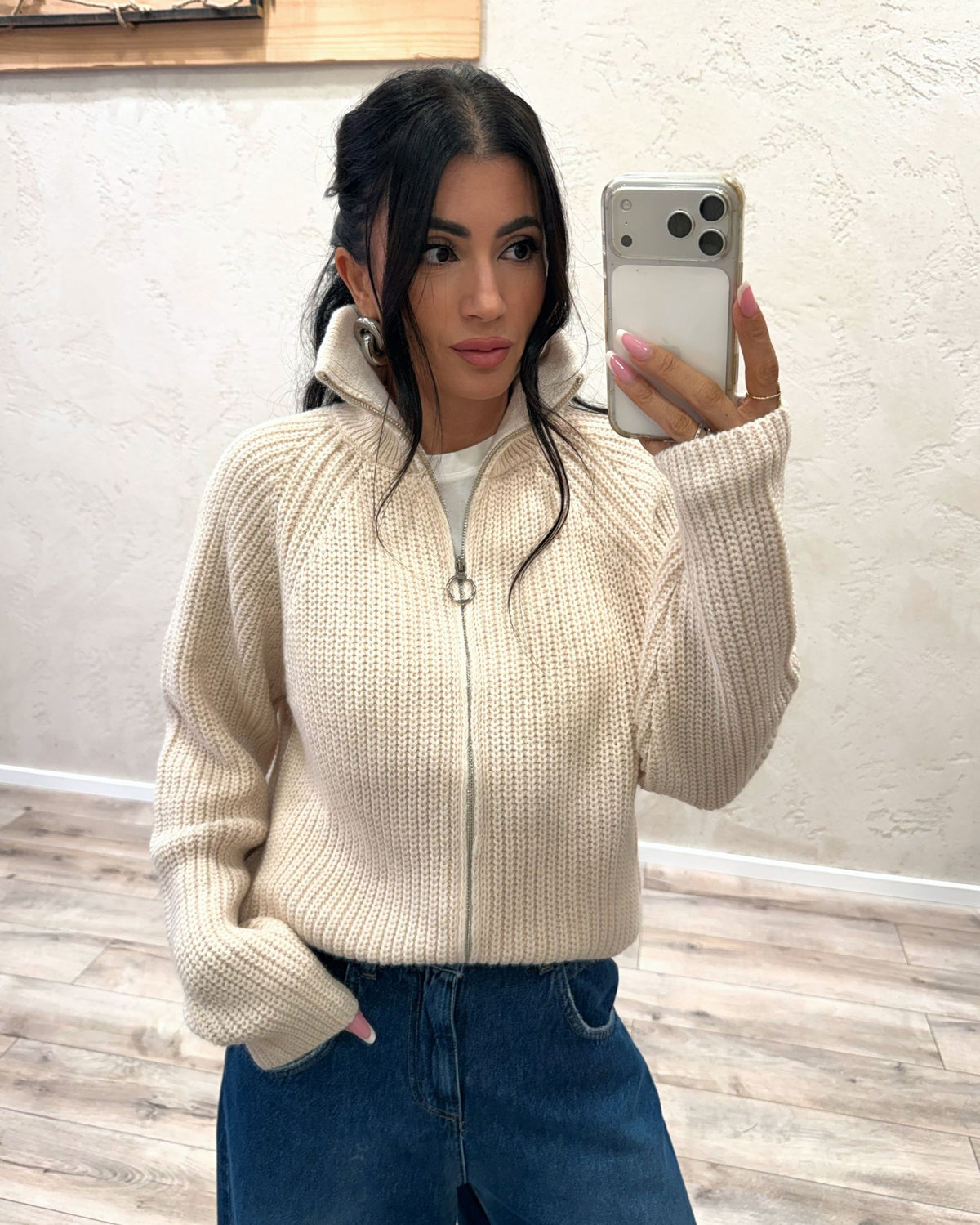Cardigan in misto lana e alpaca con zip
