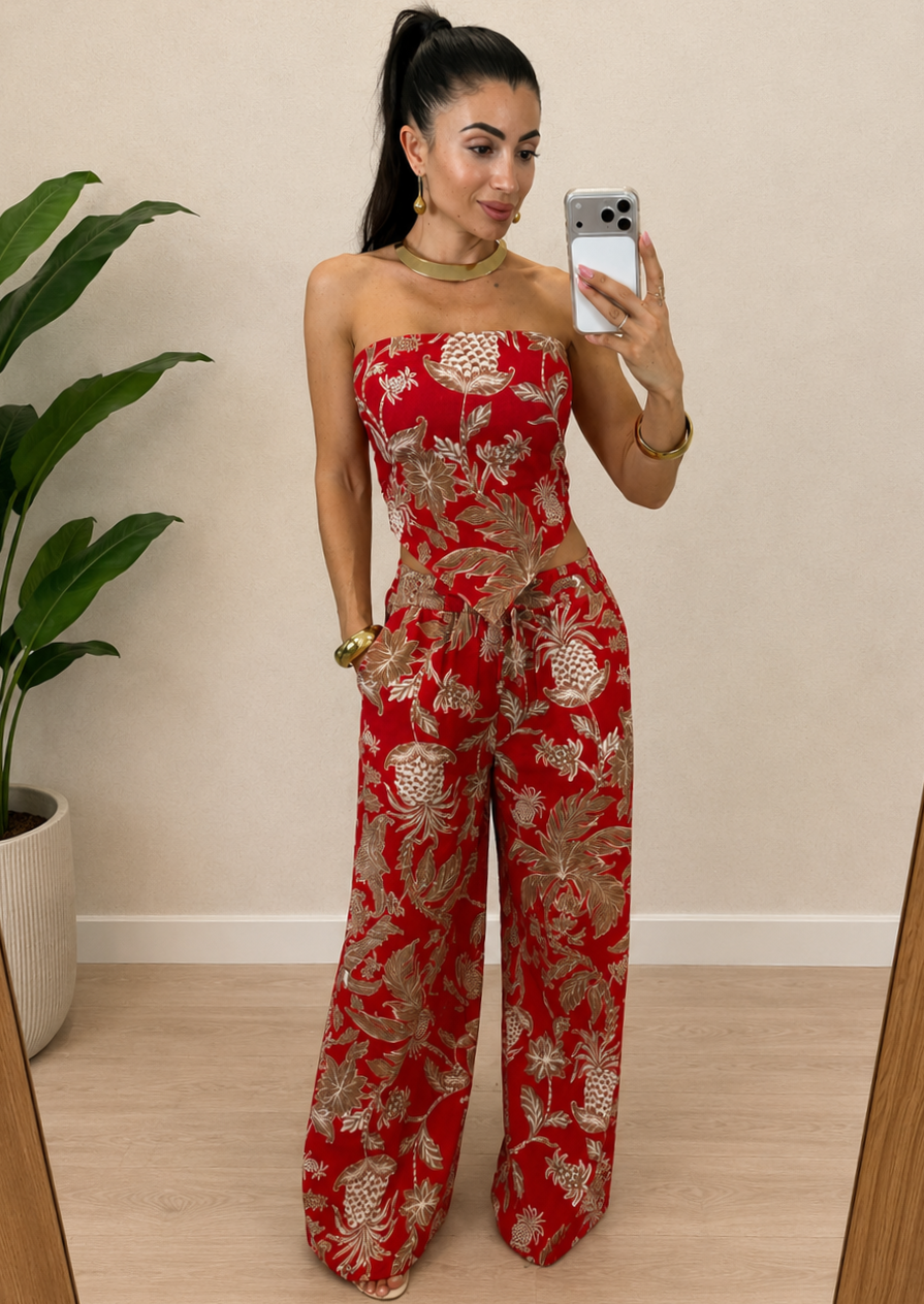 Completo coordinato "RED OASIS" top a bandana e pantalone a palazzo vita alta con elastico