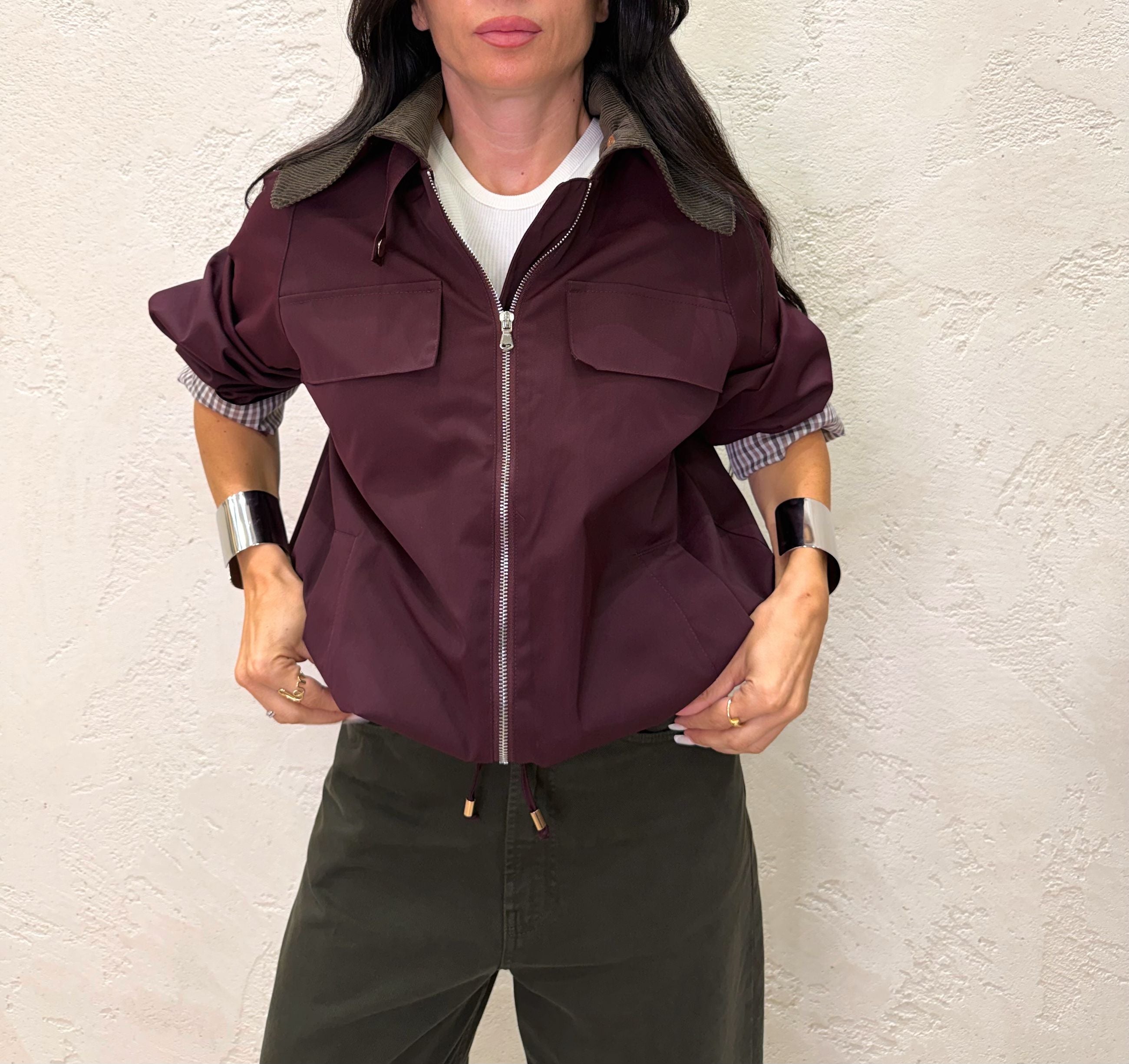 Trench a bomber con colletto in velluto a costine