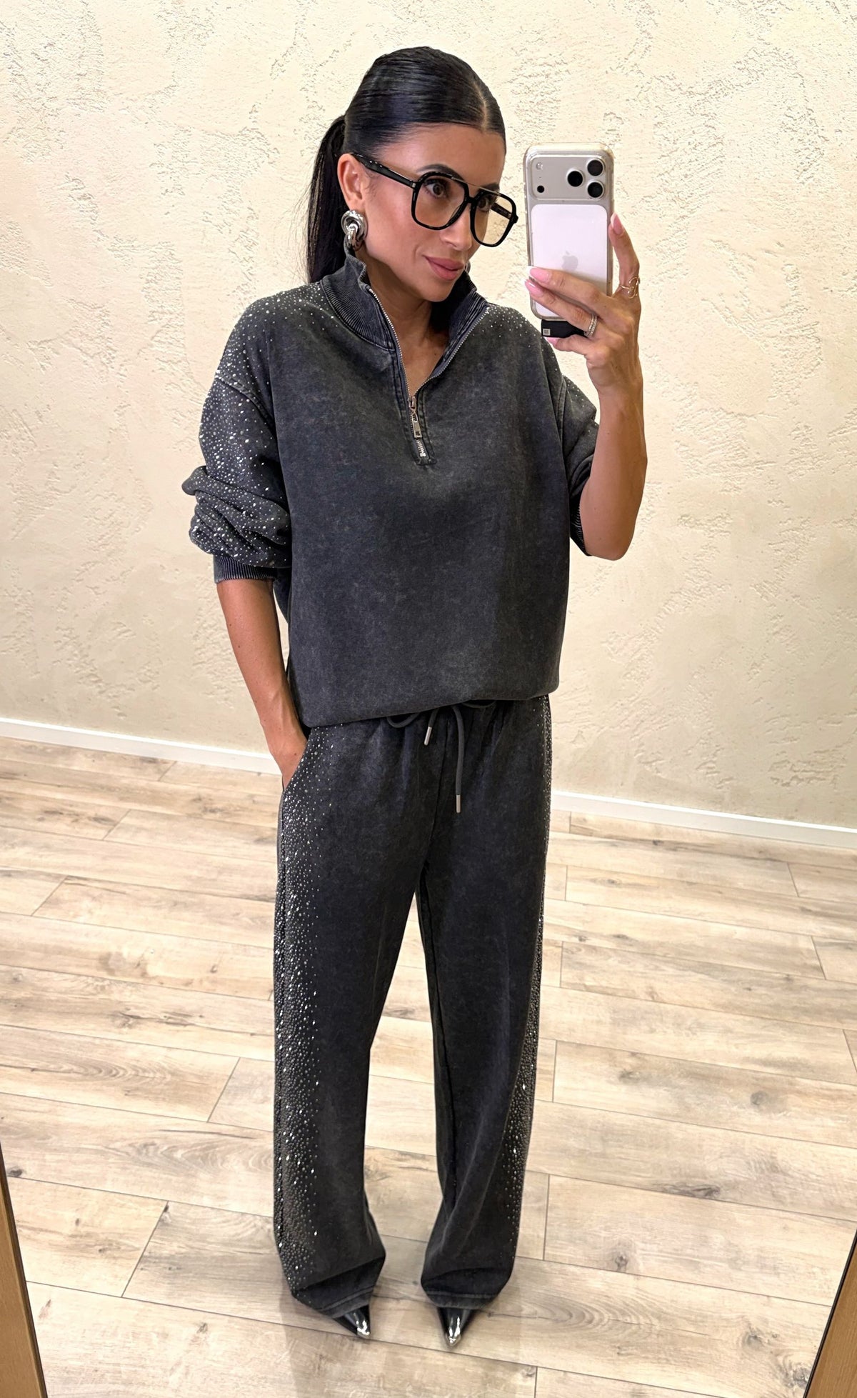Felpa Dusty Shine mezza zip con strass