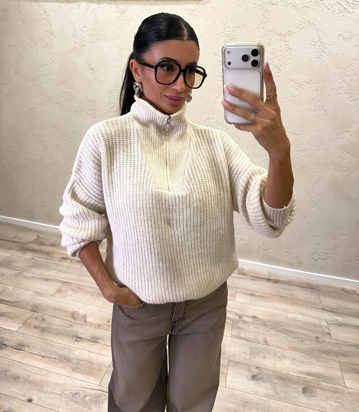 Pullover in misto lana a mezza zip