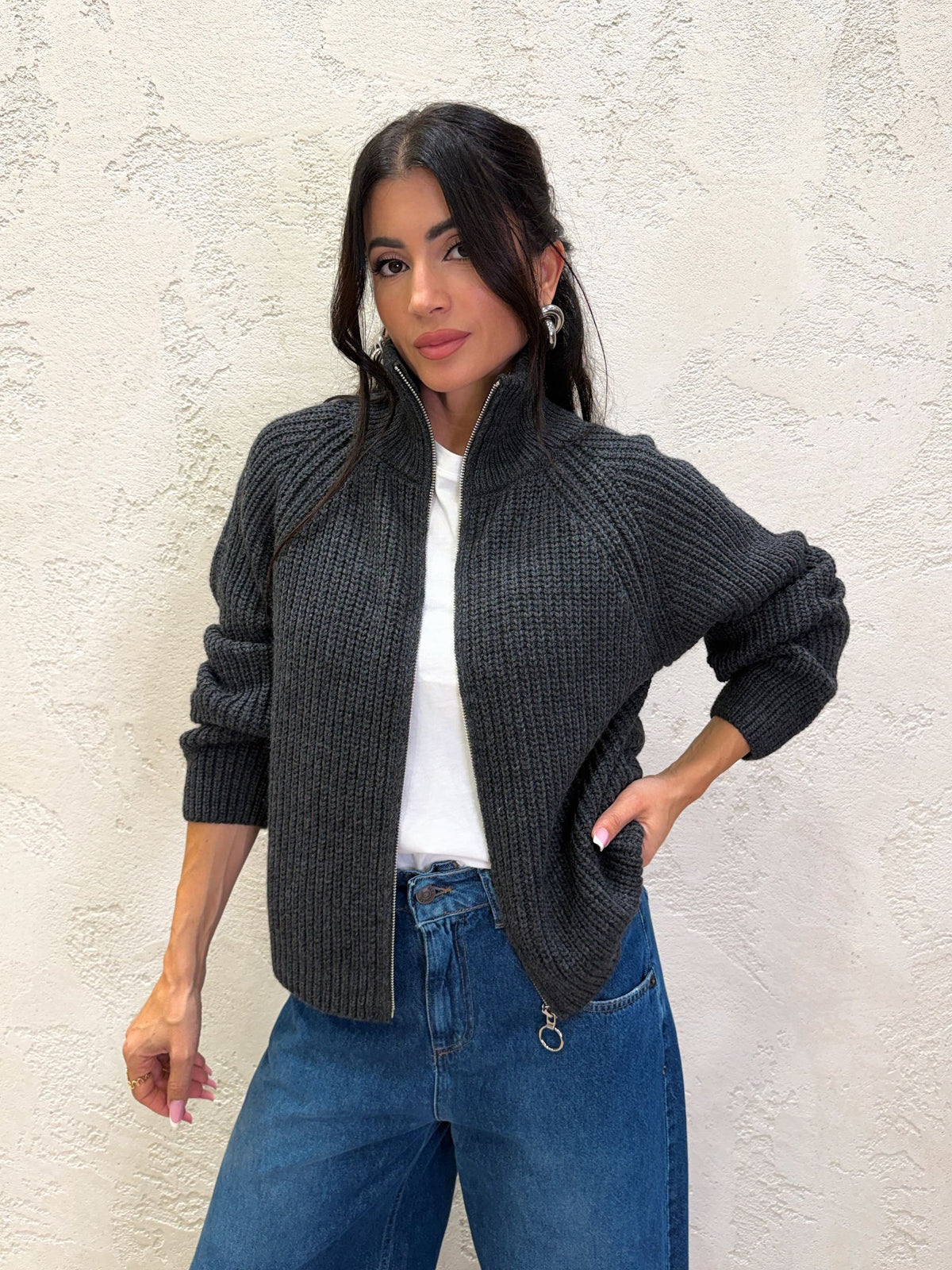 Cardigan in misto lana e alpaca con zip