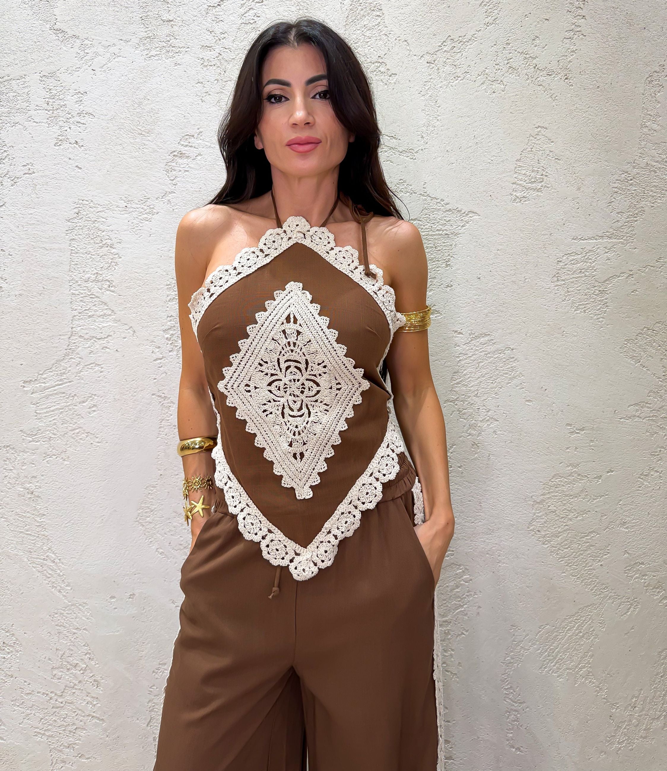 top "positano" in misto lino con inserti crochet