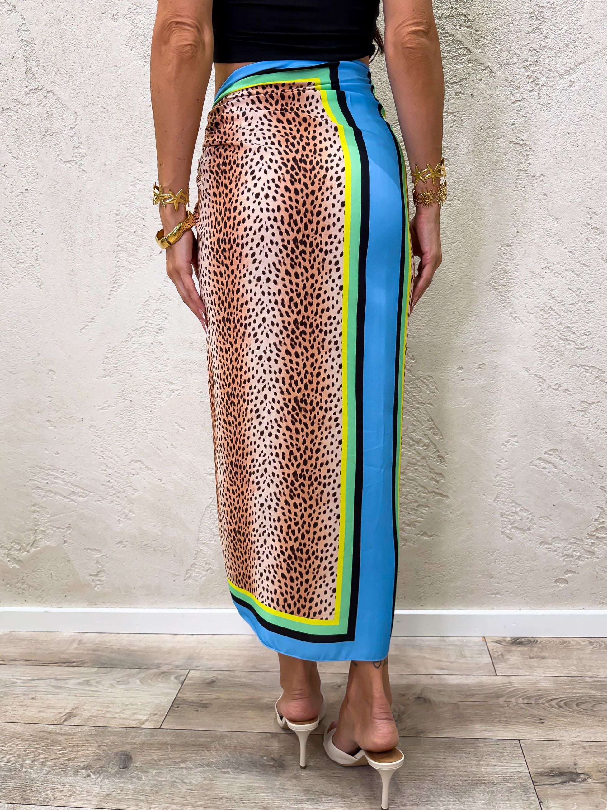 Gonna midi pareo a foulard Leopard Neon