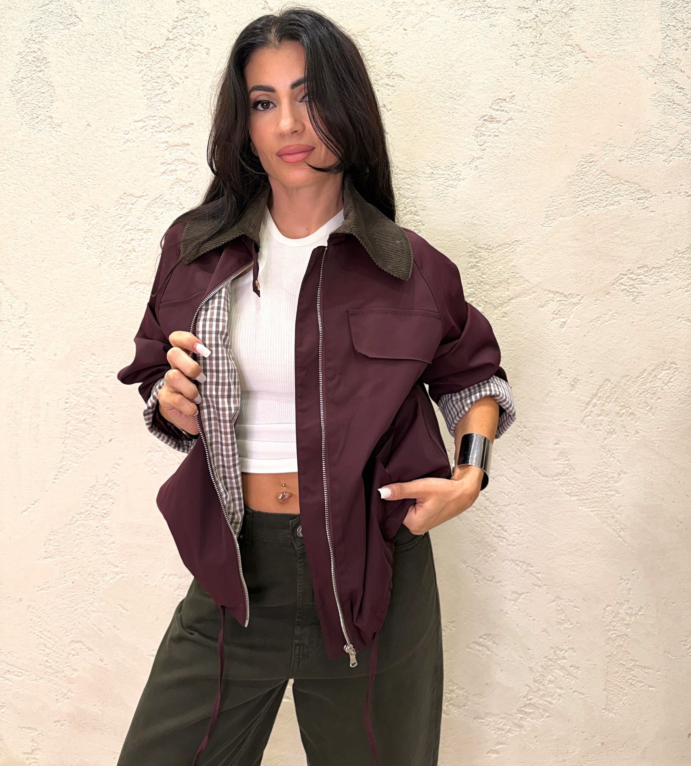 Trench a bomber con colletto in velluto a costine