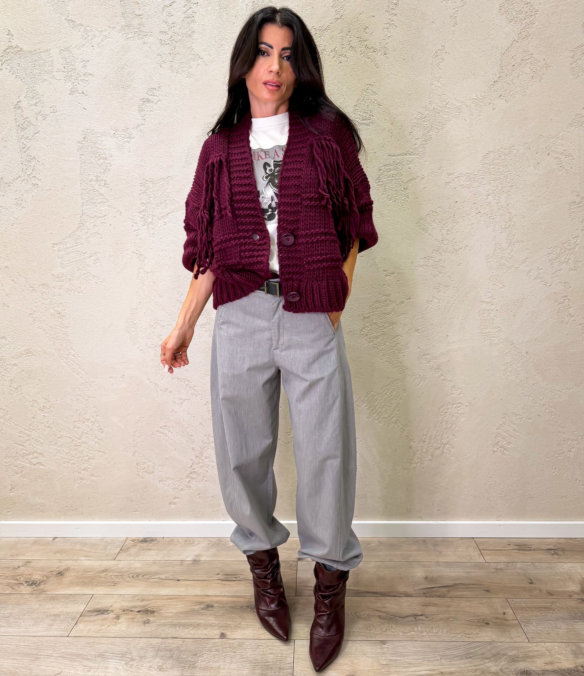 Cardigan in misto lana con frange