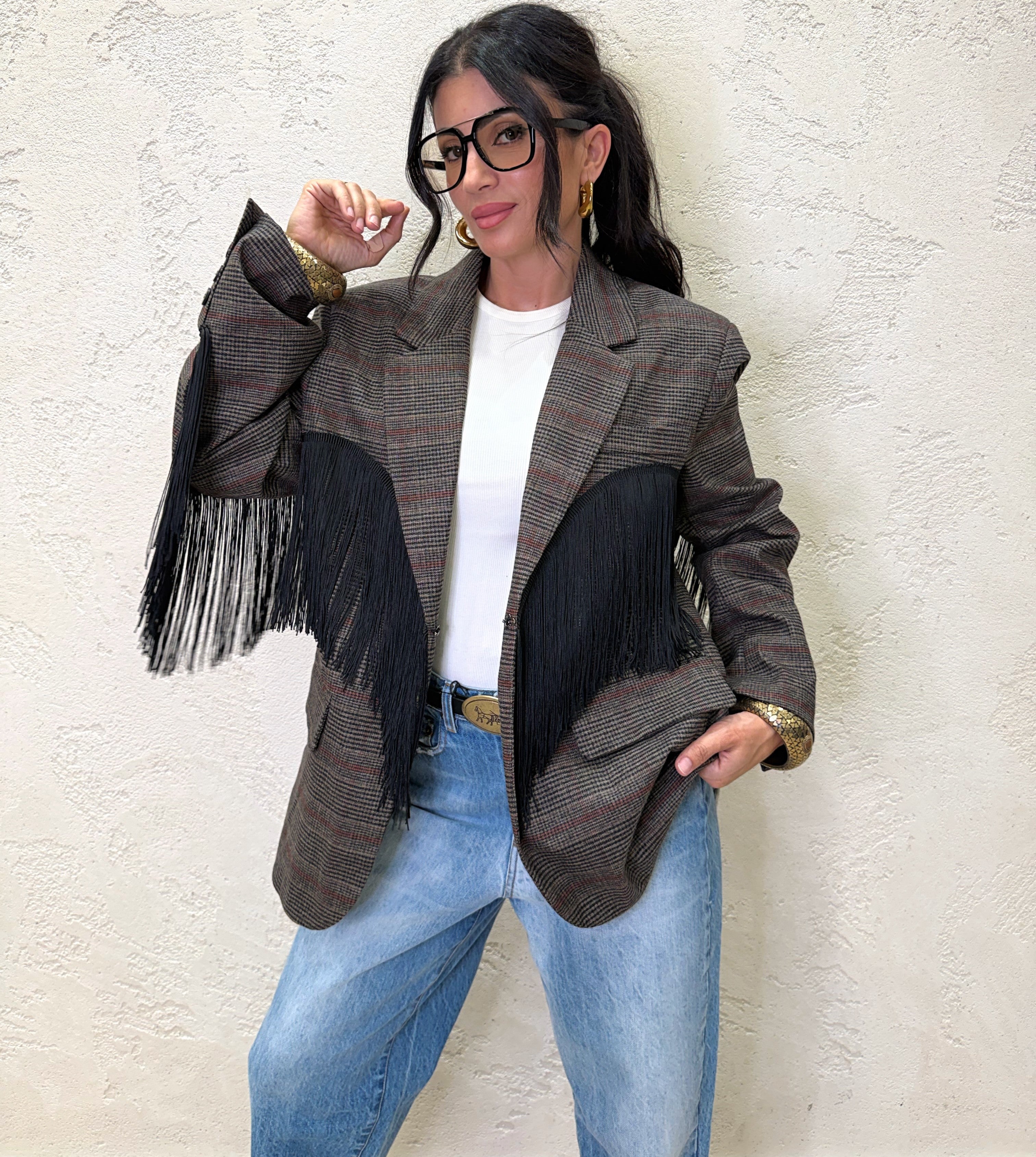 Blazer "Dakota" principe di galles con frange