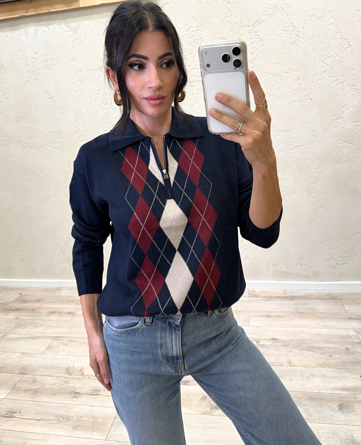 Maglia a polo in misto lana merino fantasia argyle
