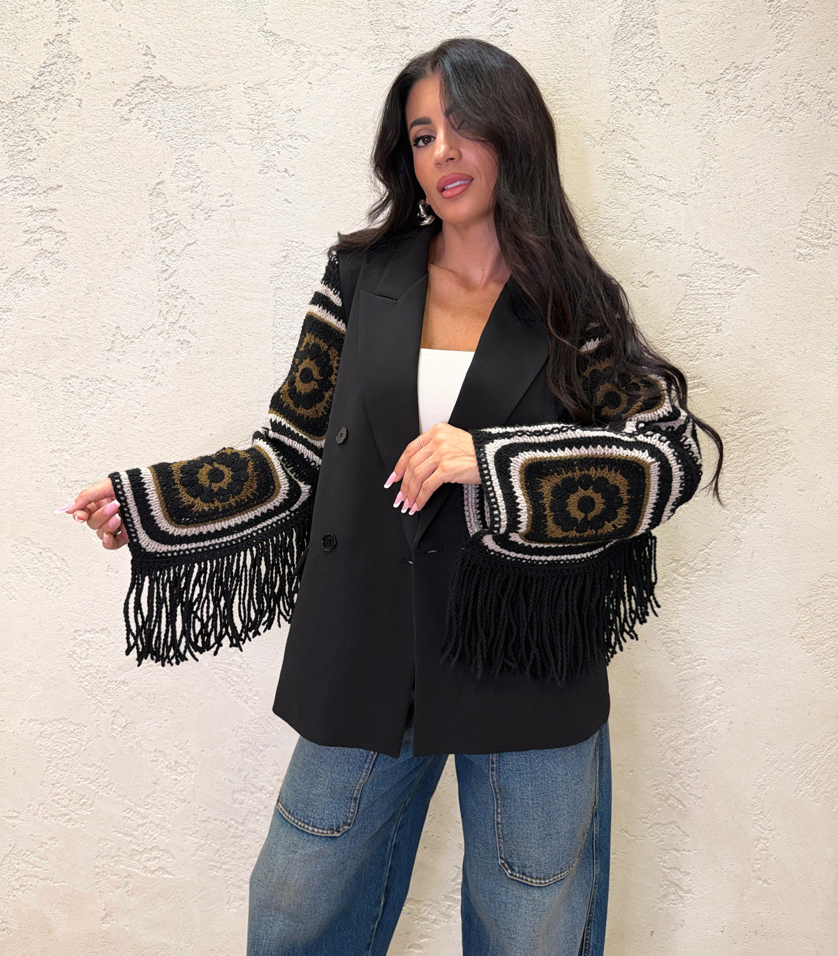 Blazer maniche crochet e frange