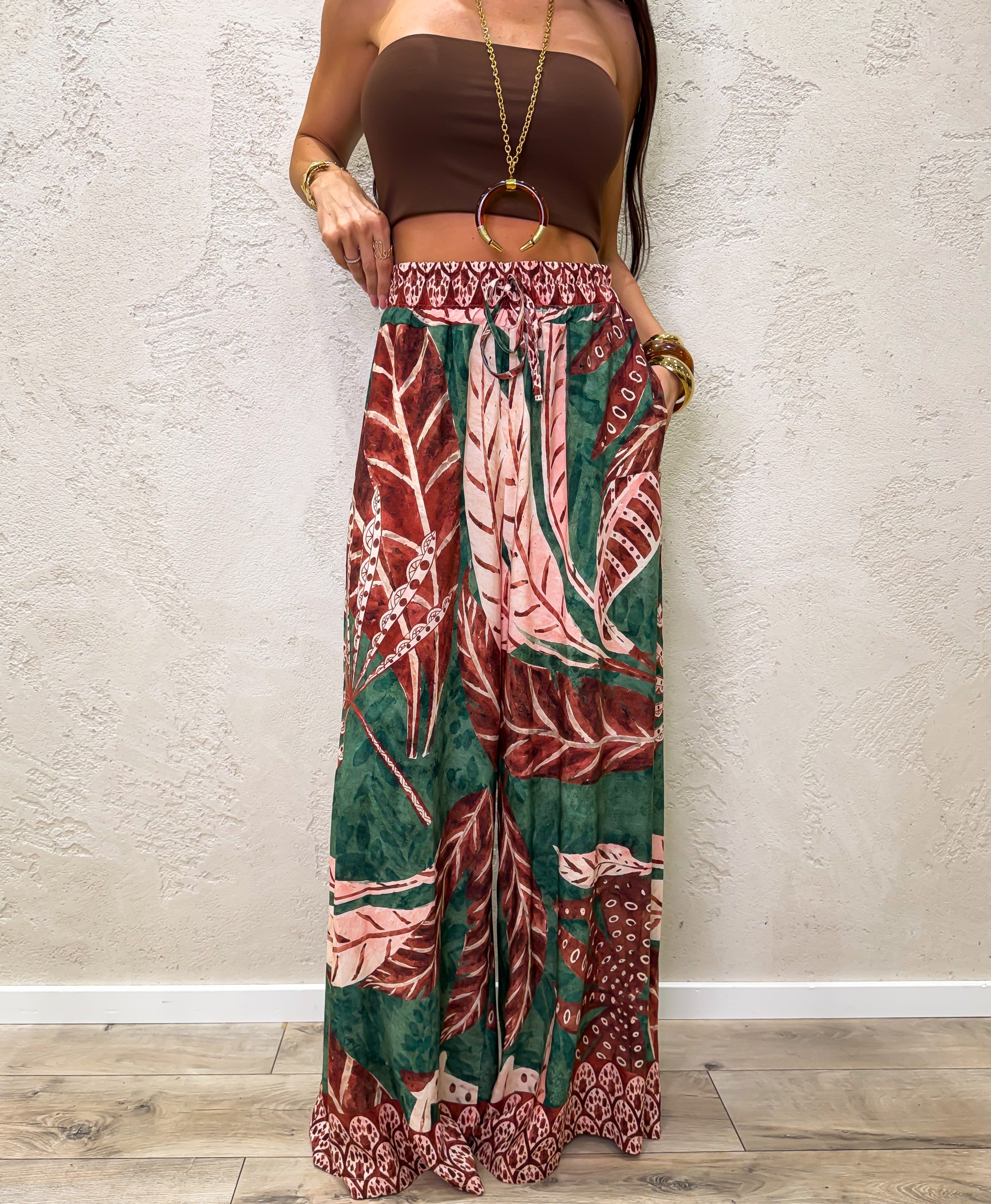 pantalone a palazzo in viscosa fantasia tropicale