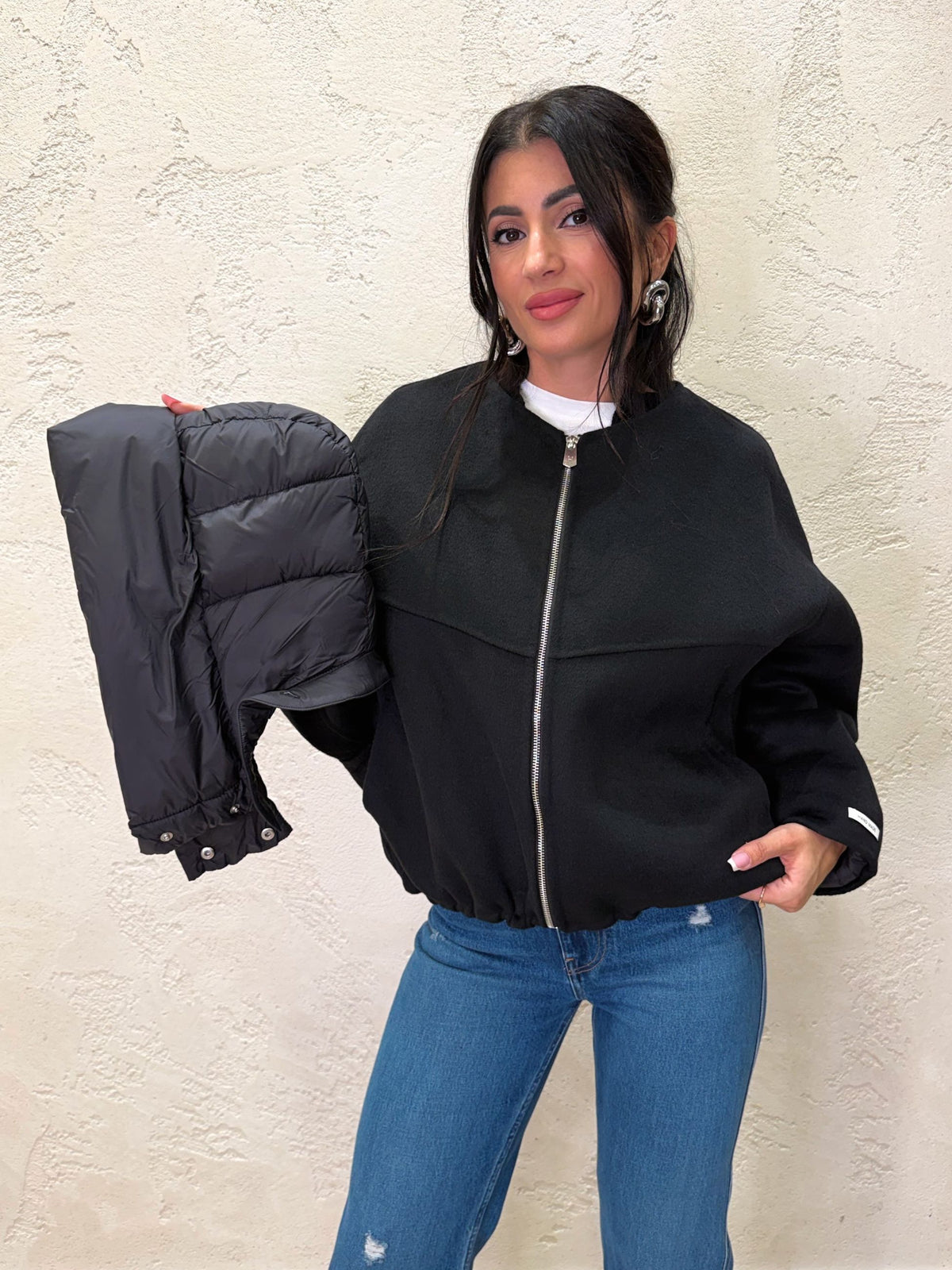 Cappotto in misto lana con cappuccio imbottito rimovibile