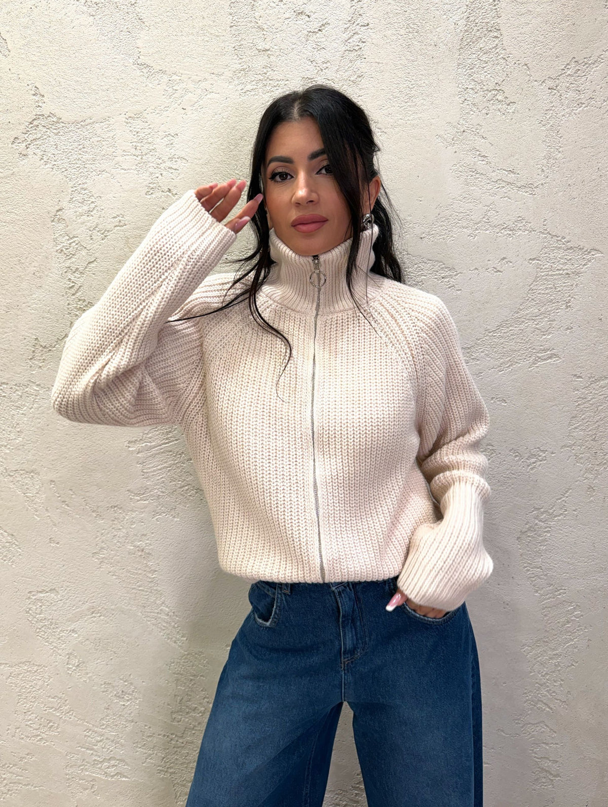 Cardigan in misto lana e alpaca con zip