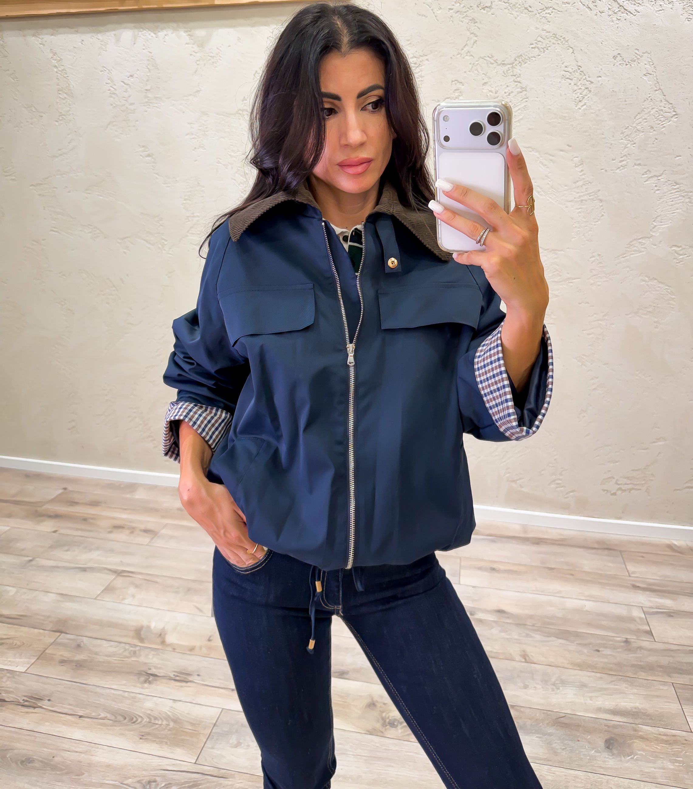 Trench a bomber con colletto in velluto a costine
