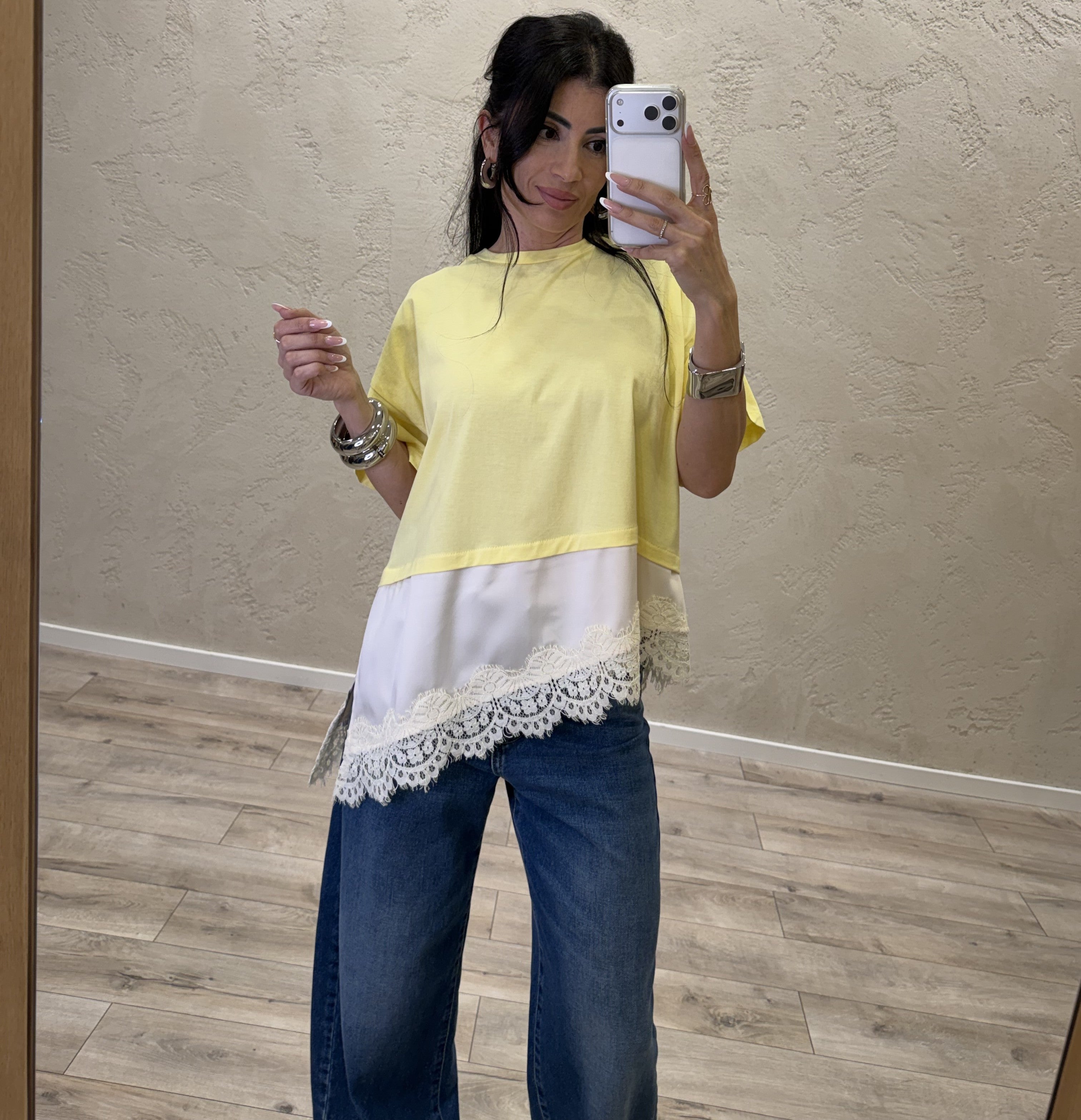 t-shirt a scatoletta con inserto satin e pizzo T262A082 GIALLO DIXIE 