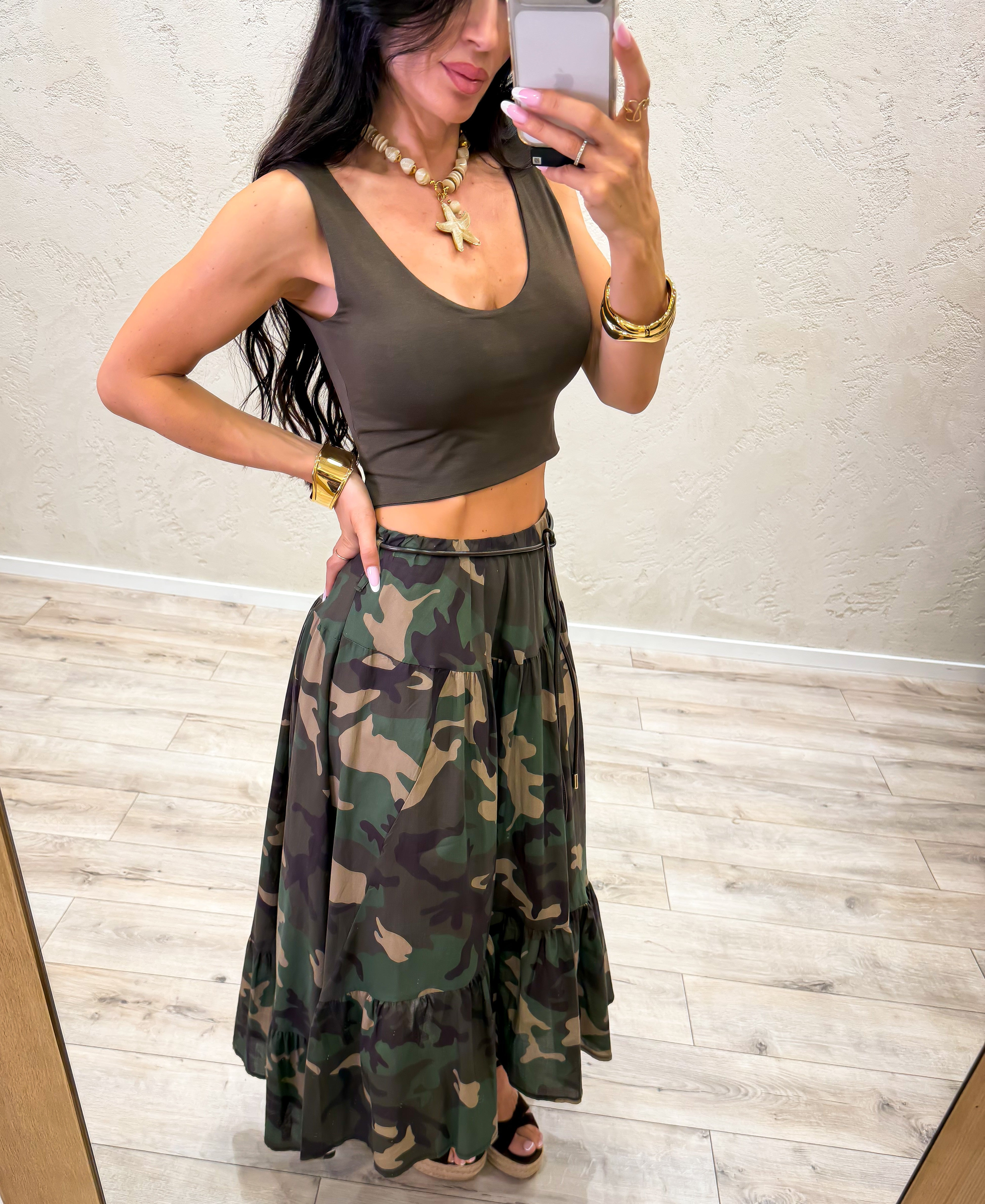 gonna midi asimmetrica con balze in 100% cotone 188/272/2332 CAMOUFLAGE ELEVI 