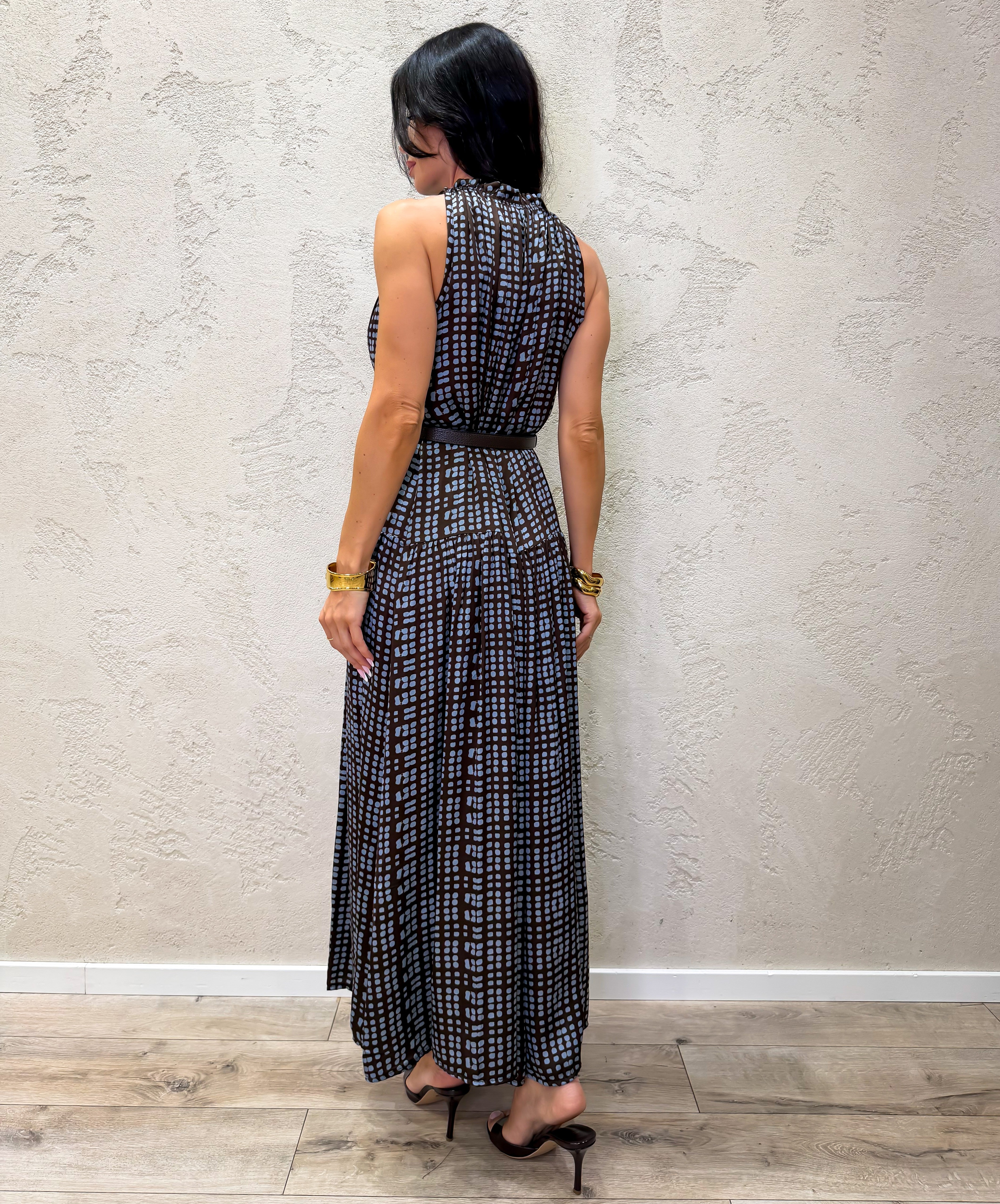 abito lungo in viscosa con scollo all'americana arriciato in fantasia ABT-GEODOT MORO ELEVI 