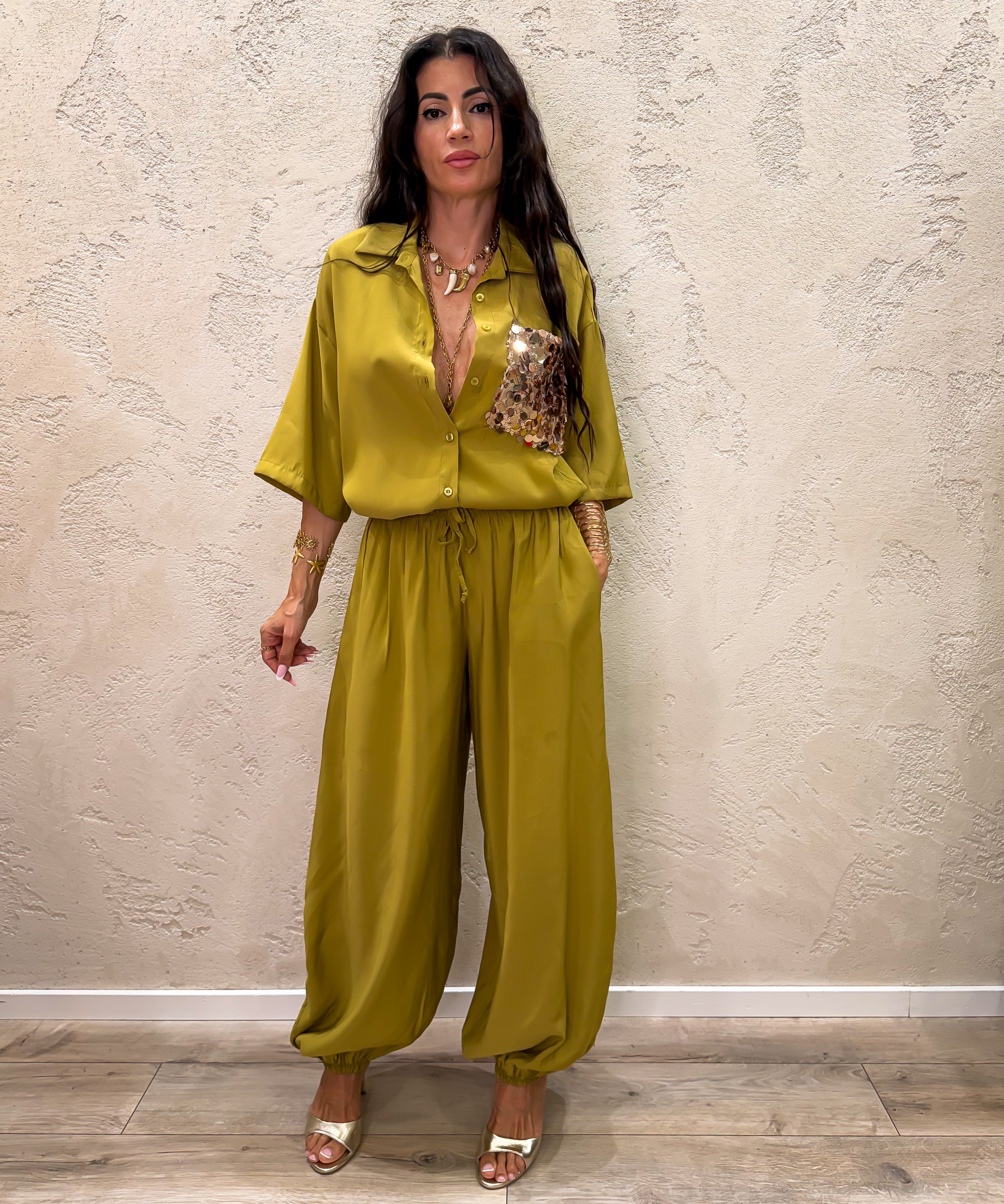 completo coordinato "aladin" camicia tasca pailettes e pantalone a palloncino COMPL-ALADIN OLIO ELEVI 