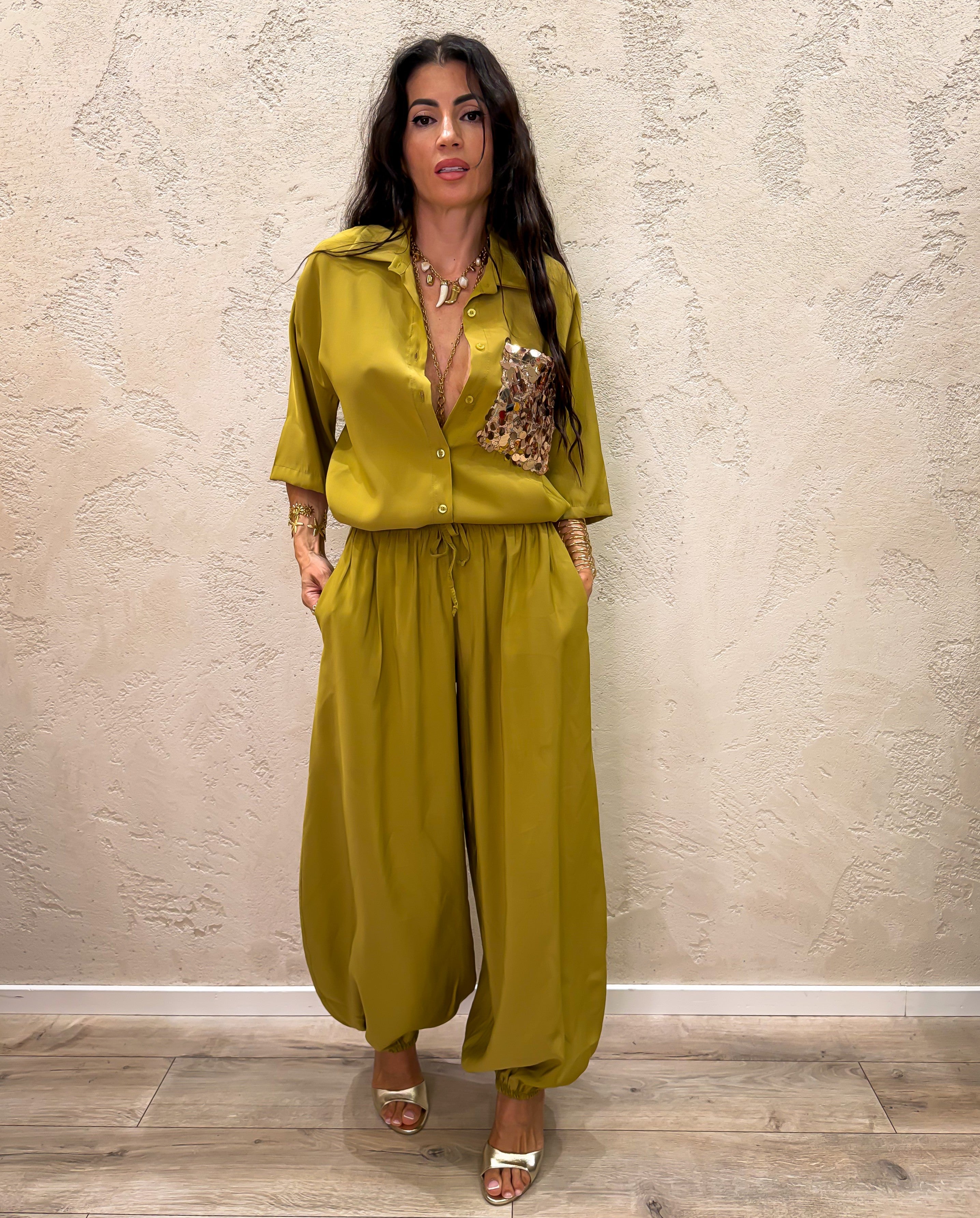 completo coordinato "aladin" camicia tasca pailettes e pantalone a palloncino COMPL-ALADIN OLIO ELEVI 