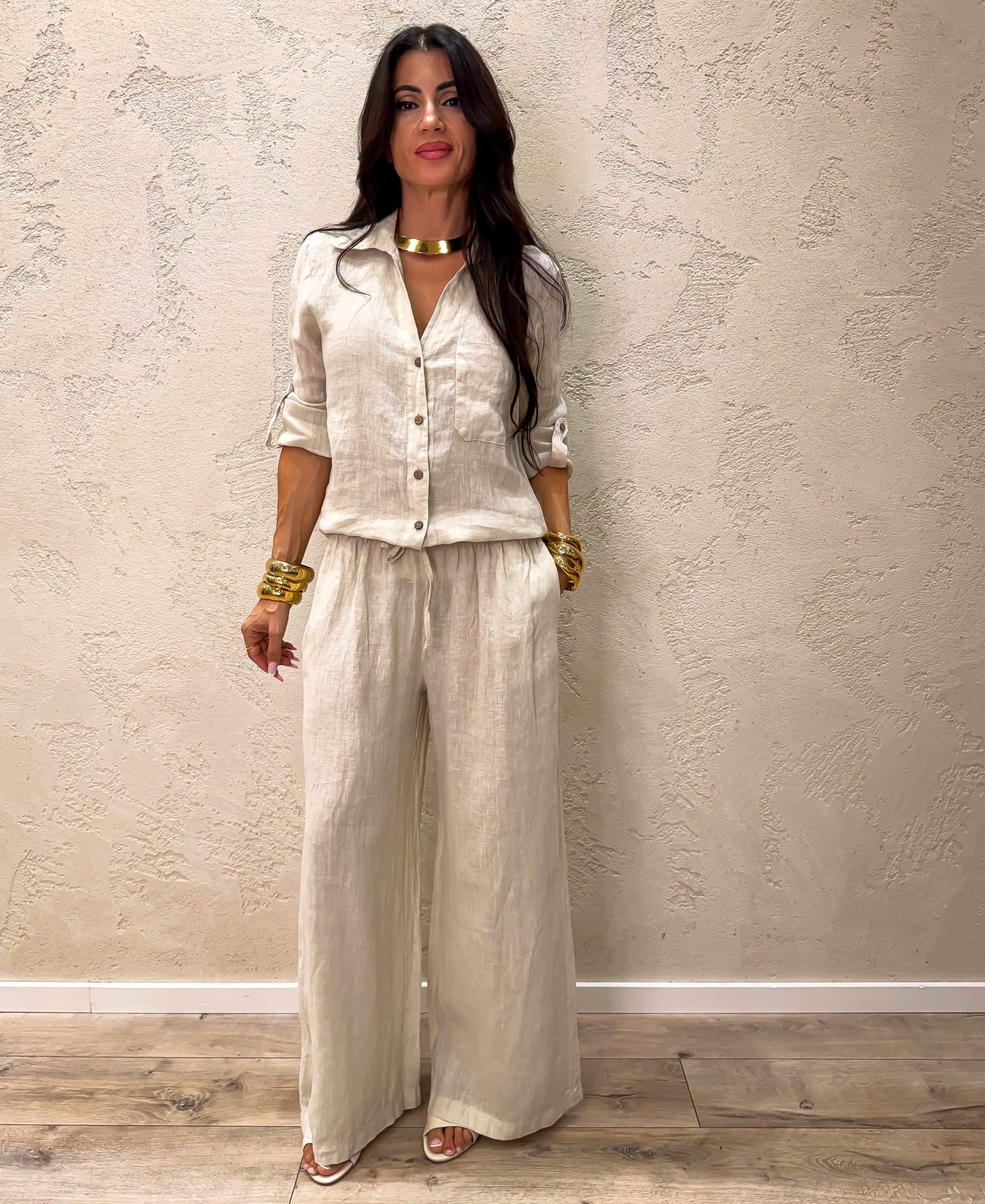 pantalone "ARIA" a palazzo in 100% lino H5944 BEIGE ELEVI 