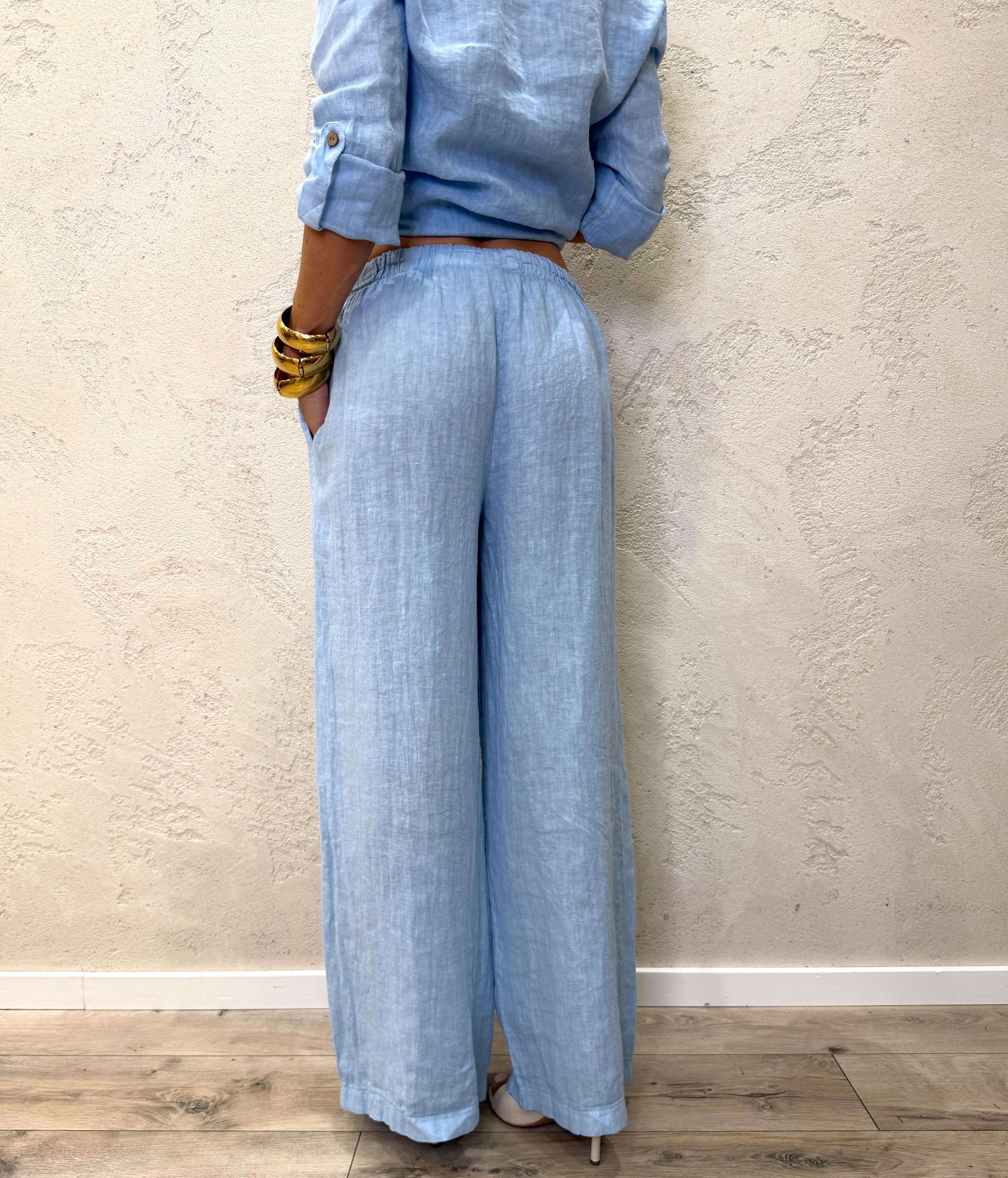 pantalone "ARIA"  a palazzo in 100% lino H5944 CIELO ELEVI 