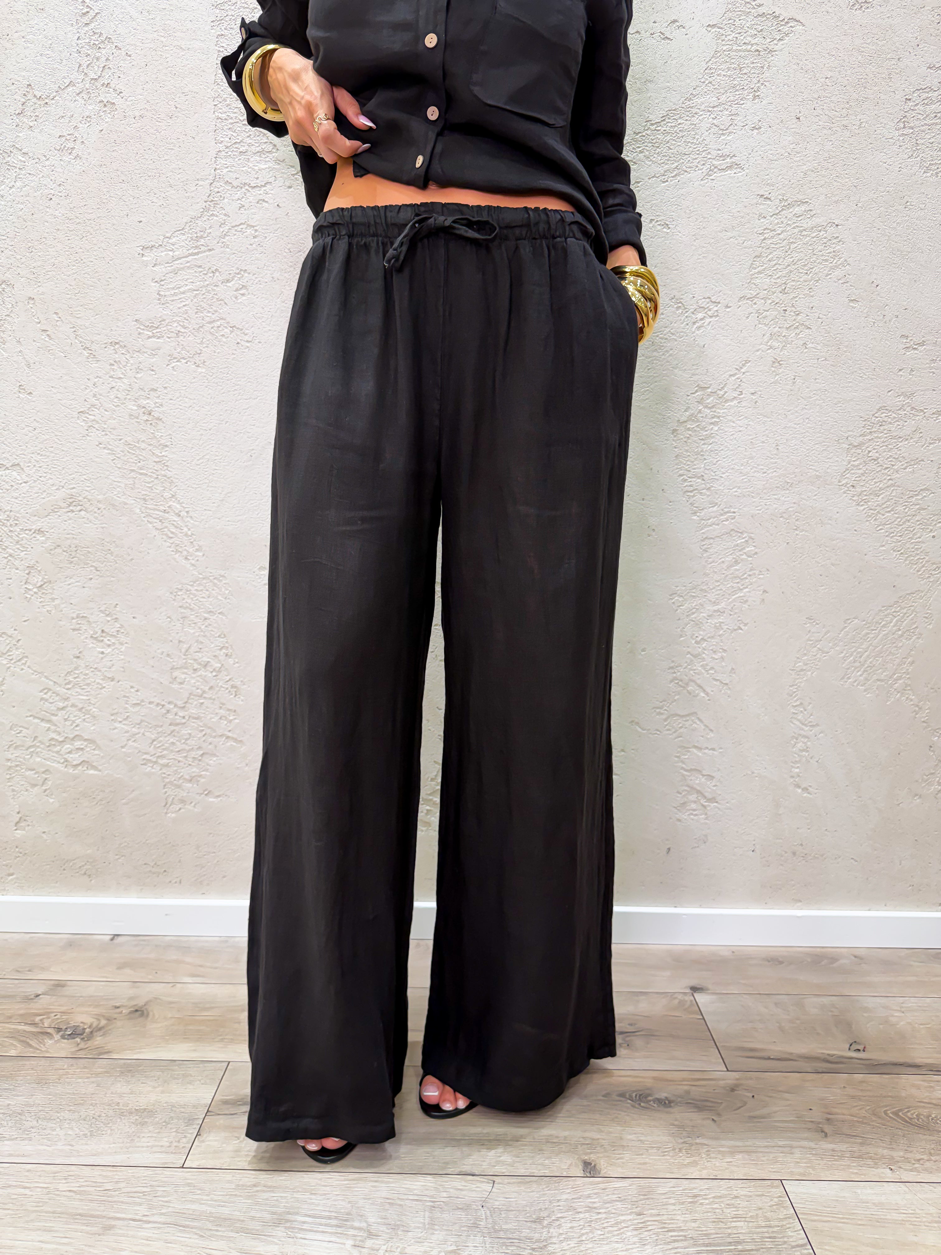 pantalone "ARIA" a palazzo in 100% lino H5944 NERO ELEVI 
