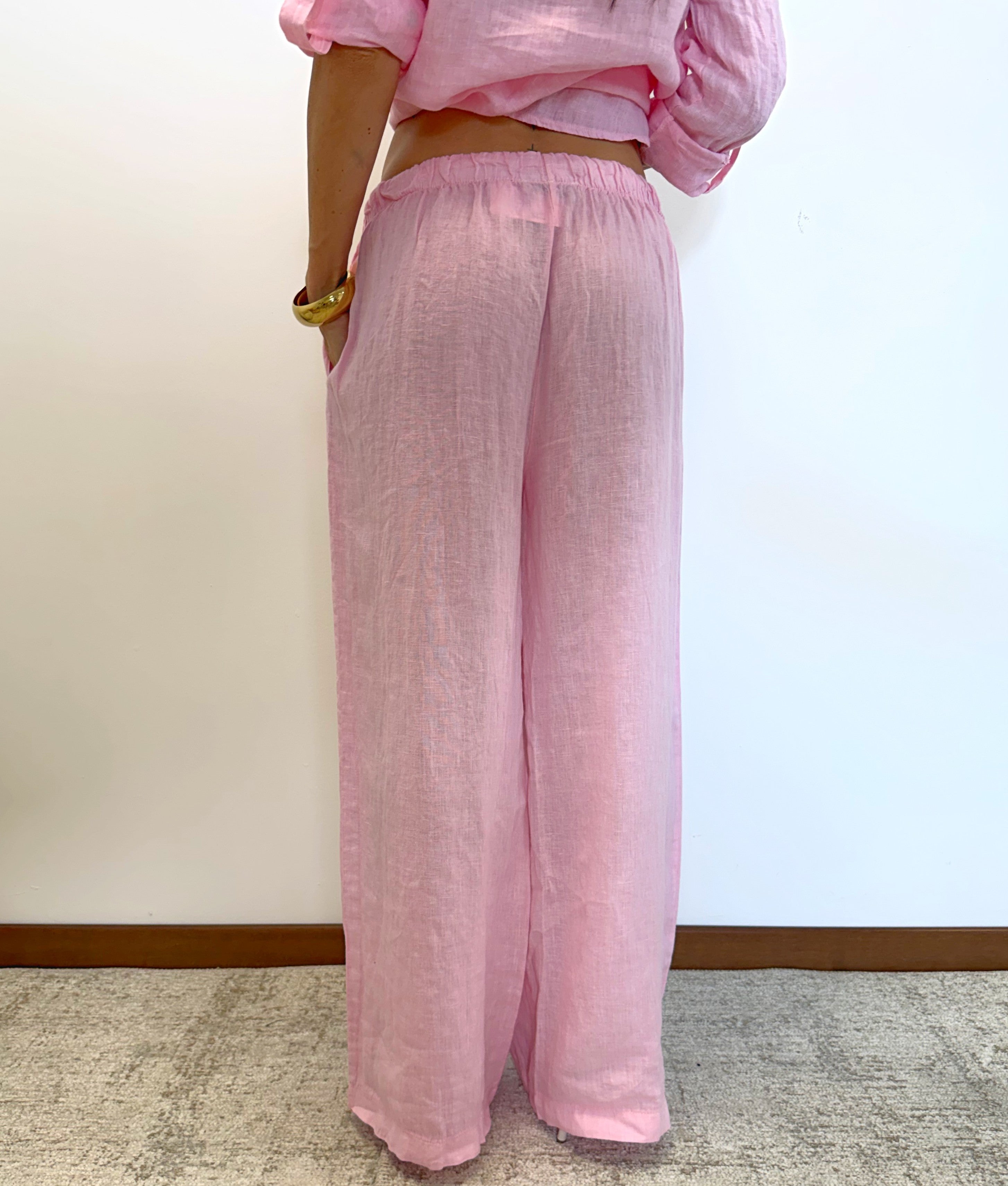 pantalone "ARIA" a palazzo in 100% lino H5944 ROSA ELEVI 