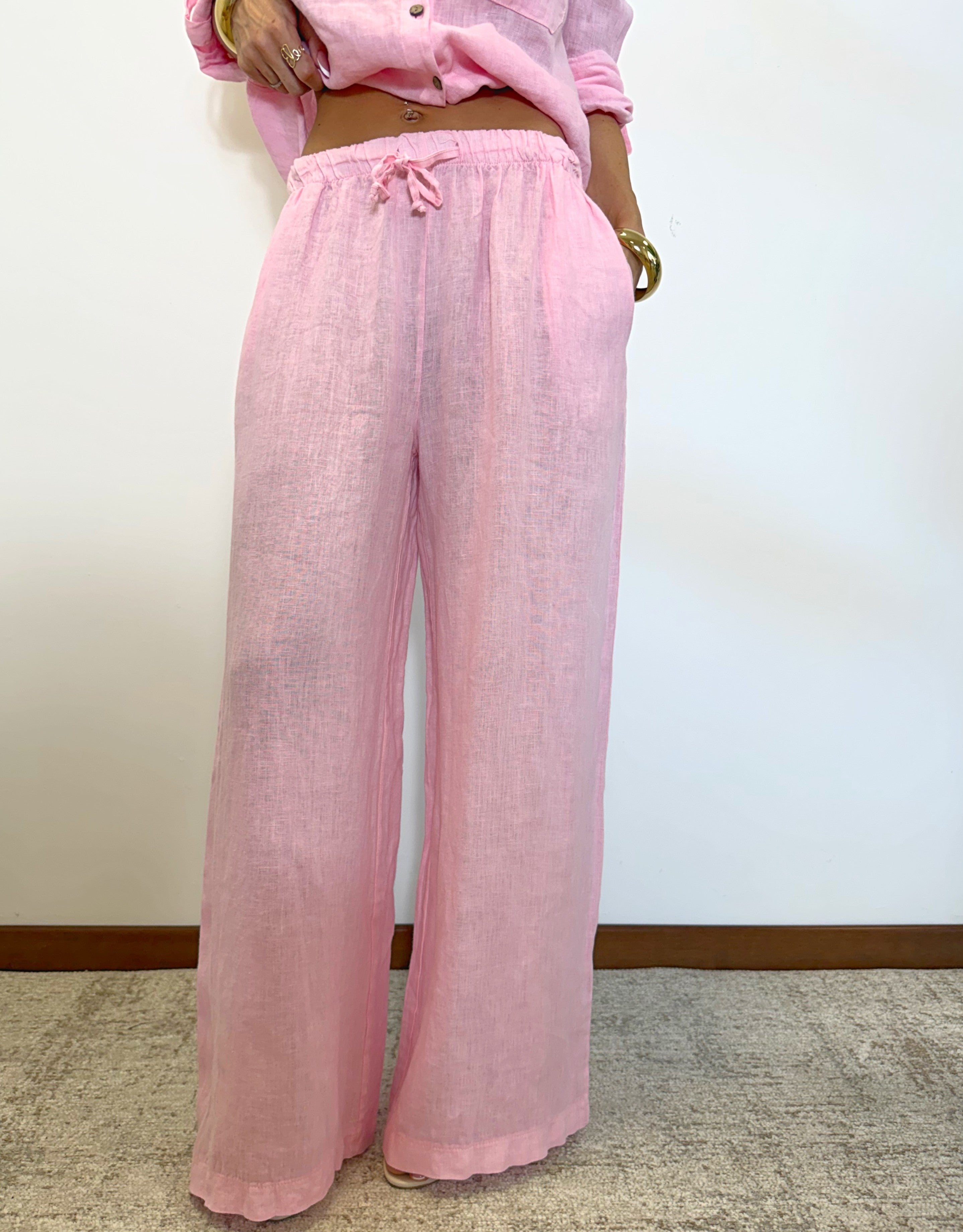pantalone "ARIA" a palazzo in 100% lino H5944 ROSA ELEVI 