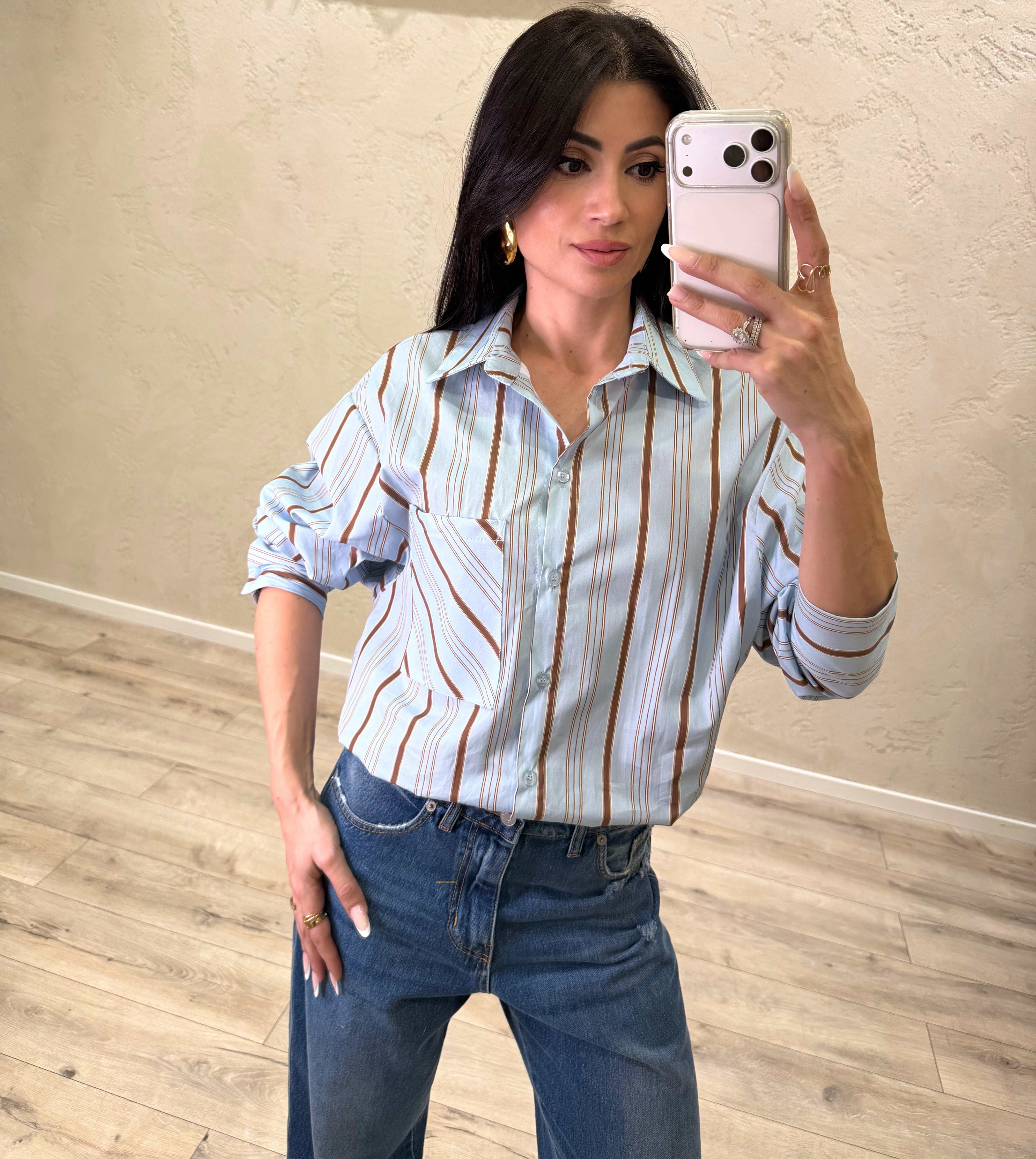 camicia morbida fantasia a righe CFW-Q178 CELESTE/TABACCO HAVEONE 