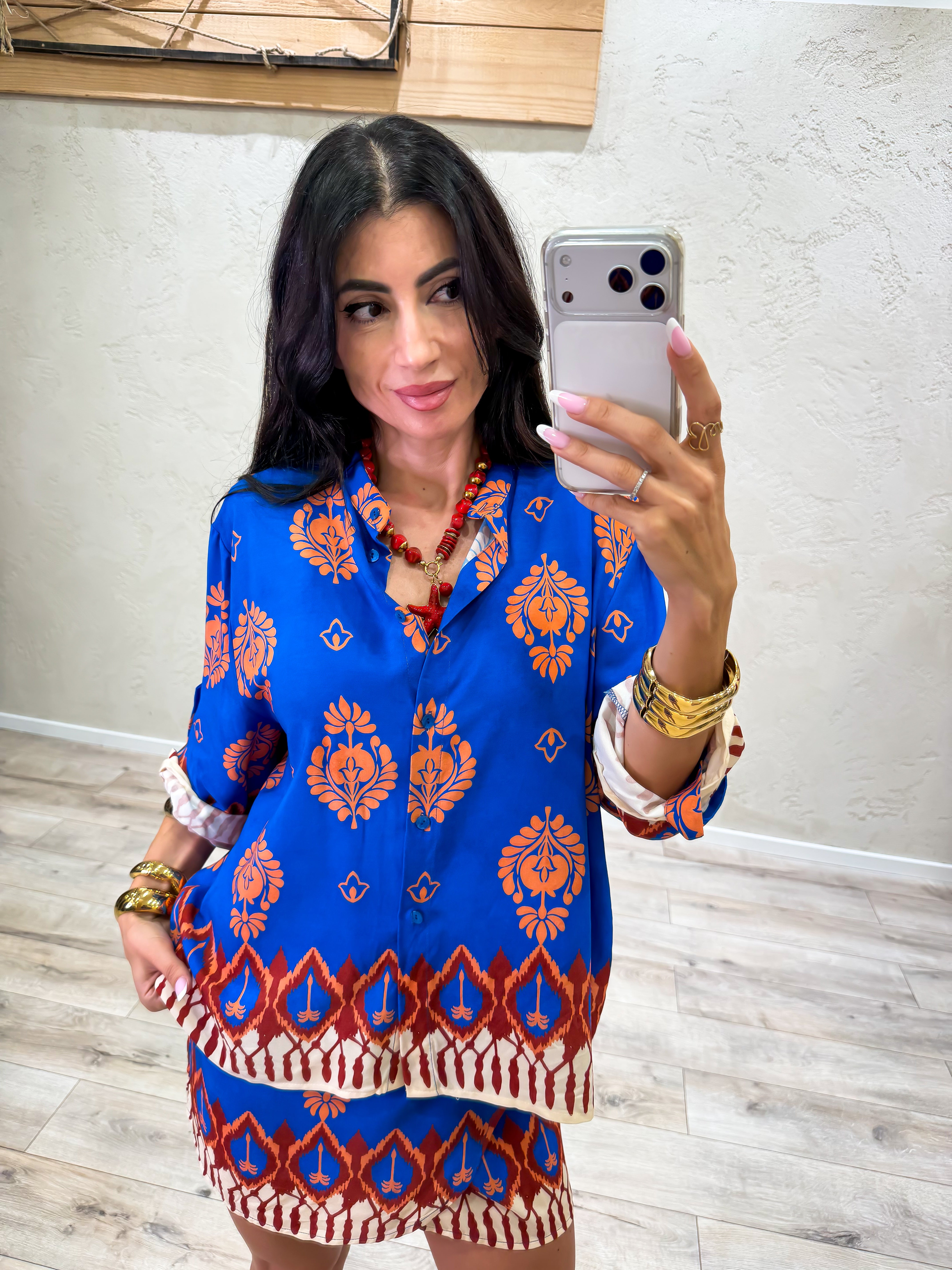 camicia morbida "zanzibar" in 100% viscosa CMA-Q431 MATTONE/BLU ELETTRICO HAVEONE 
