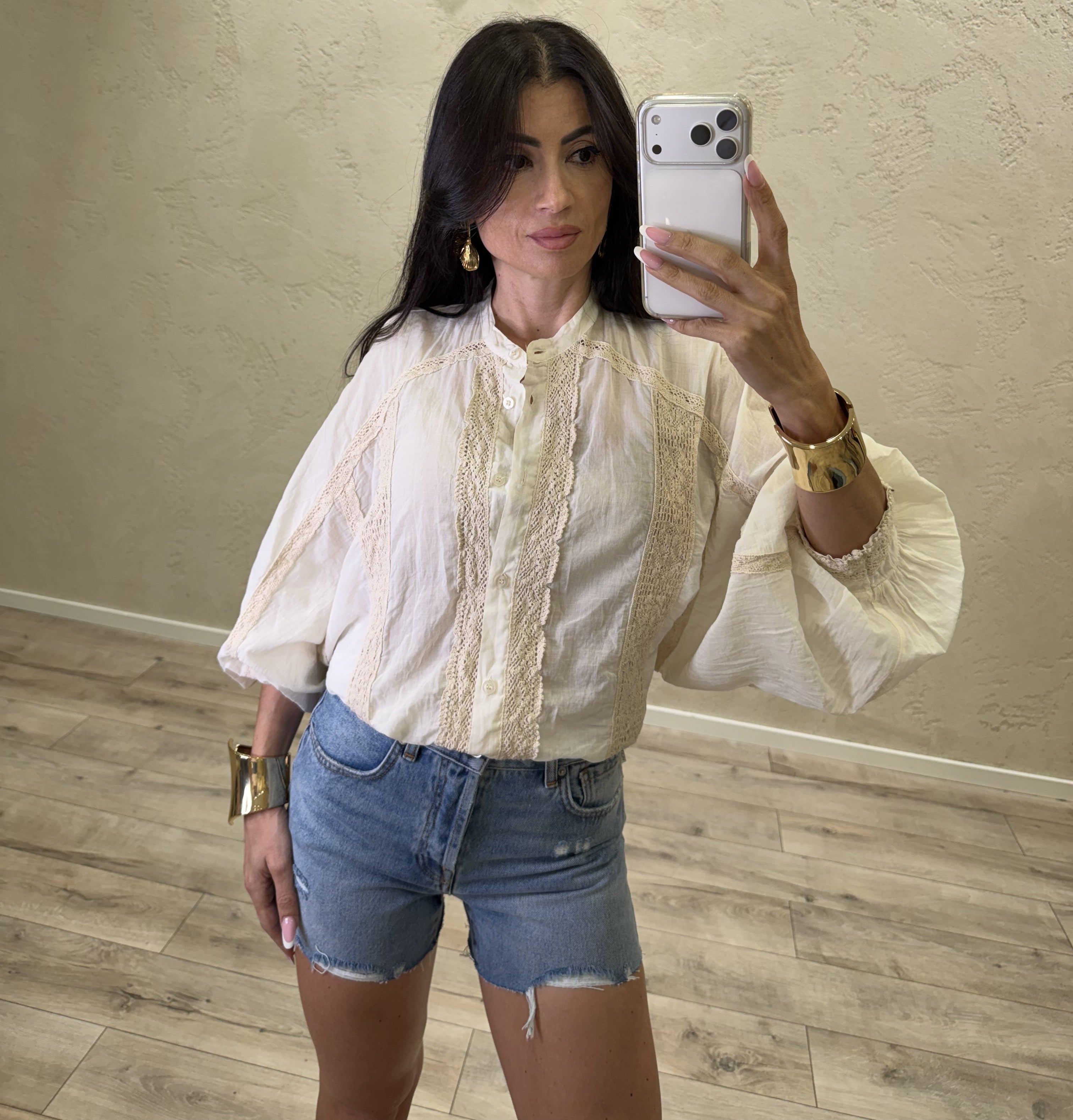 camicia con collo alla coreana e inserti crochet CVS-Q144 BURRO HAVEONE 