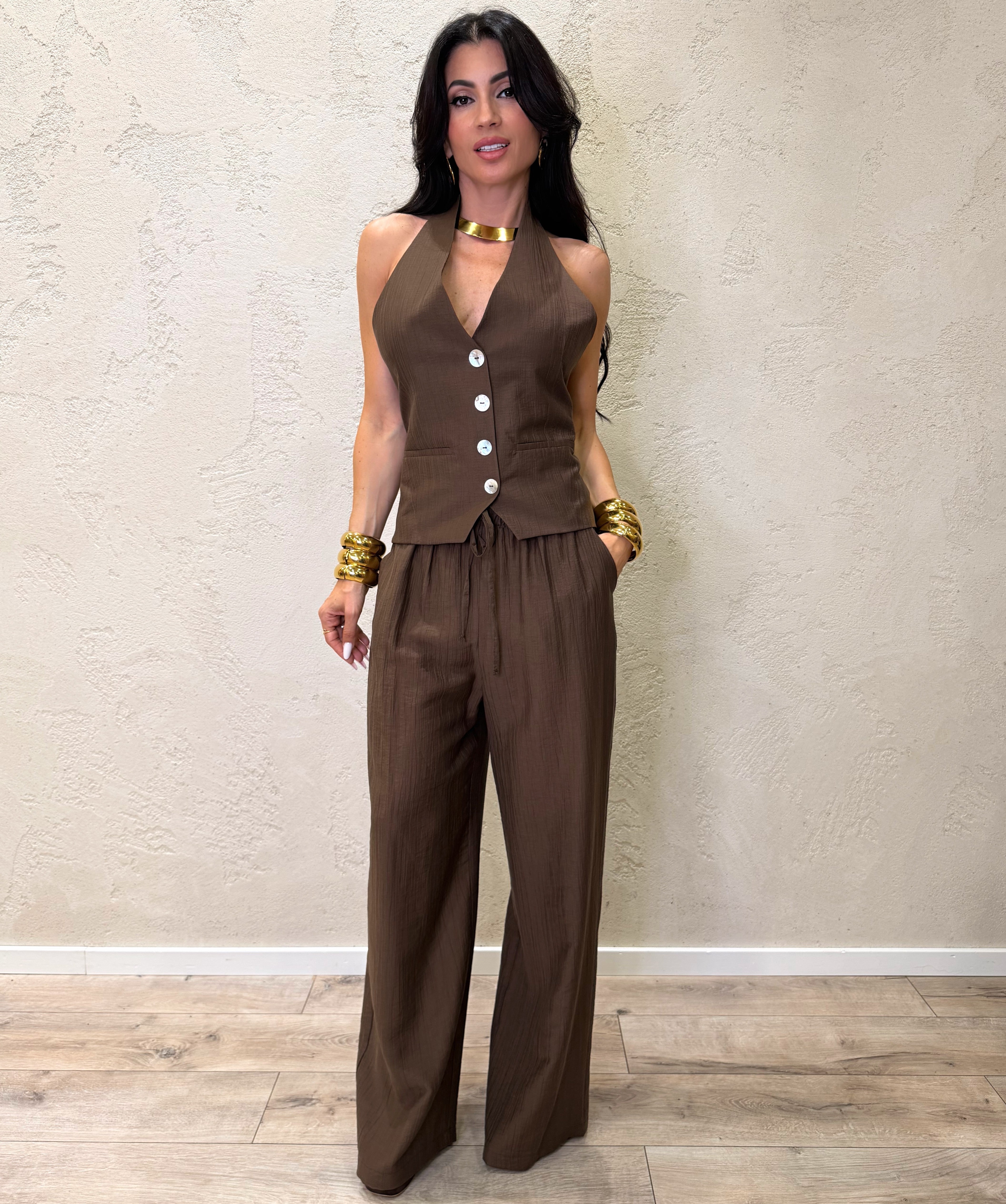 pantalone morbido a palazzo con cuolisse in vita PIA-Q549 MORO HAVEONE 