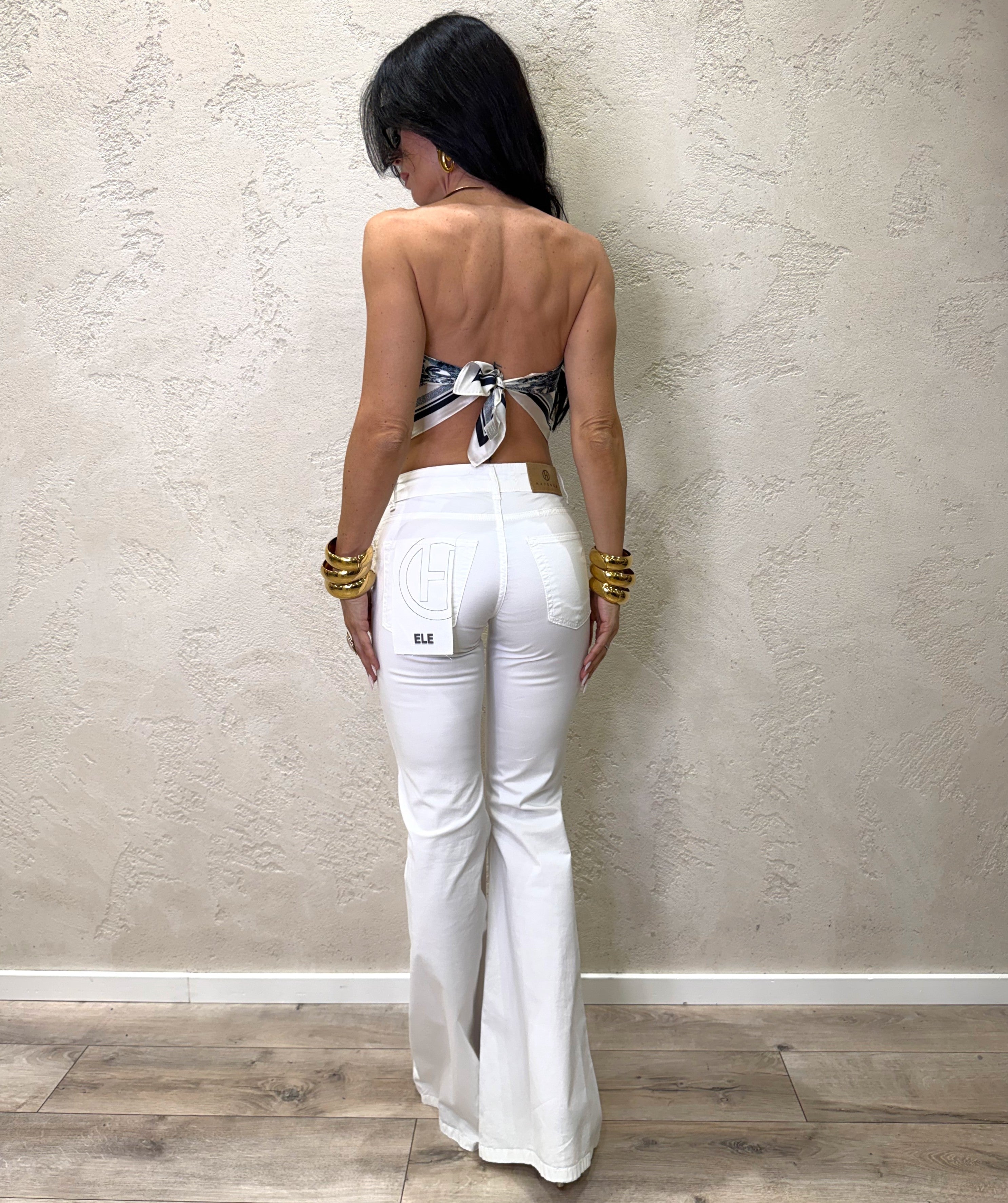 Pantalone elasticizzato modello ele a zampa PLS-Q555 BIANCO HAVEONE 