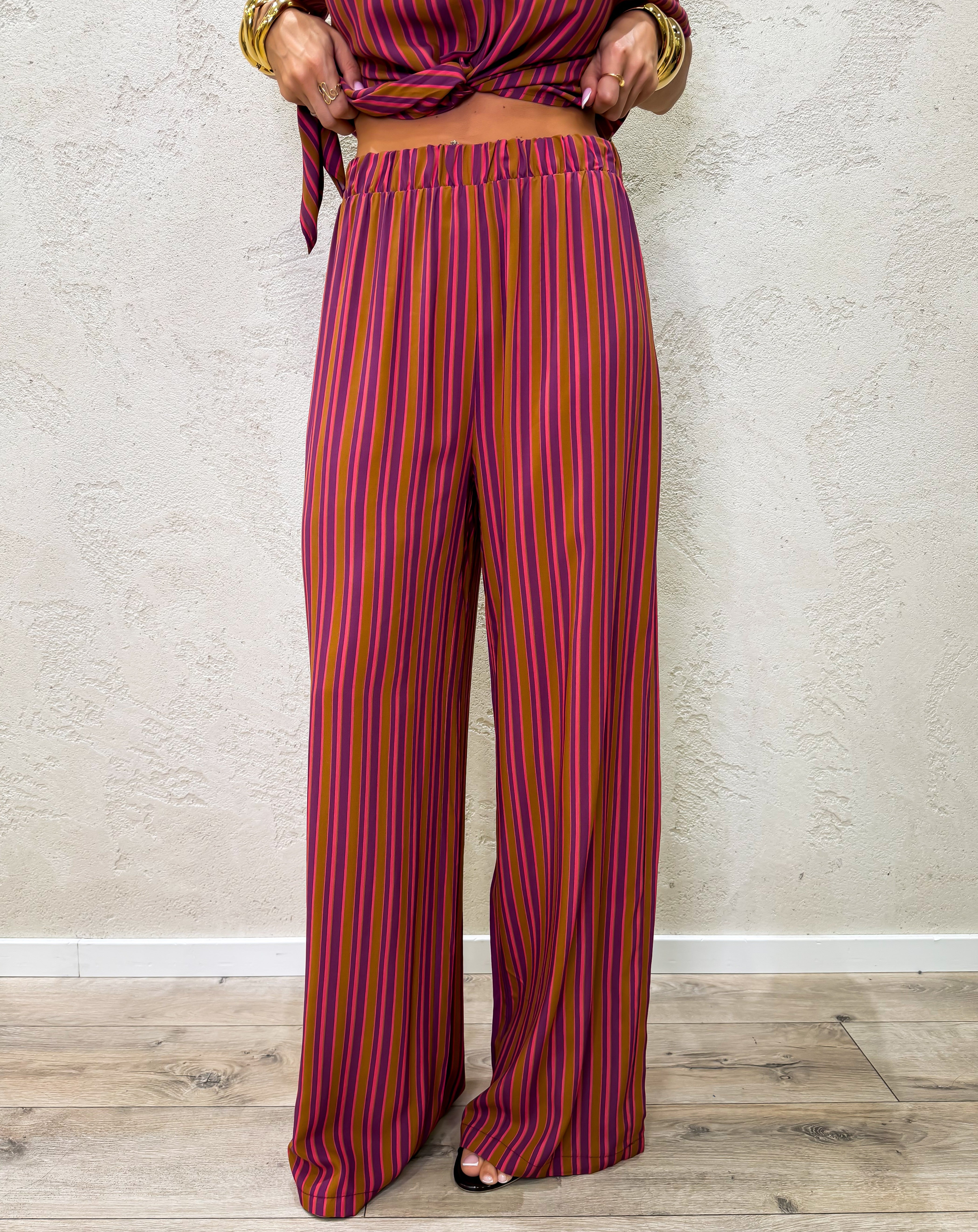 pantalone a palazzo in 100% viscosa fantasia a righe PMA-Q672 ROSA/BRUCIATO HAVEONE 