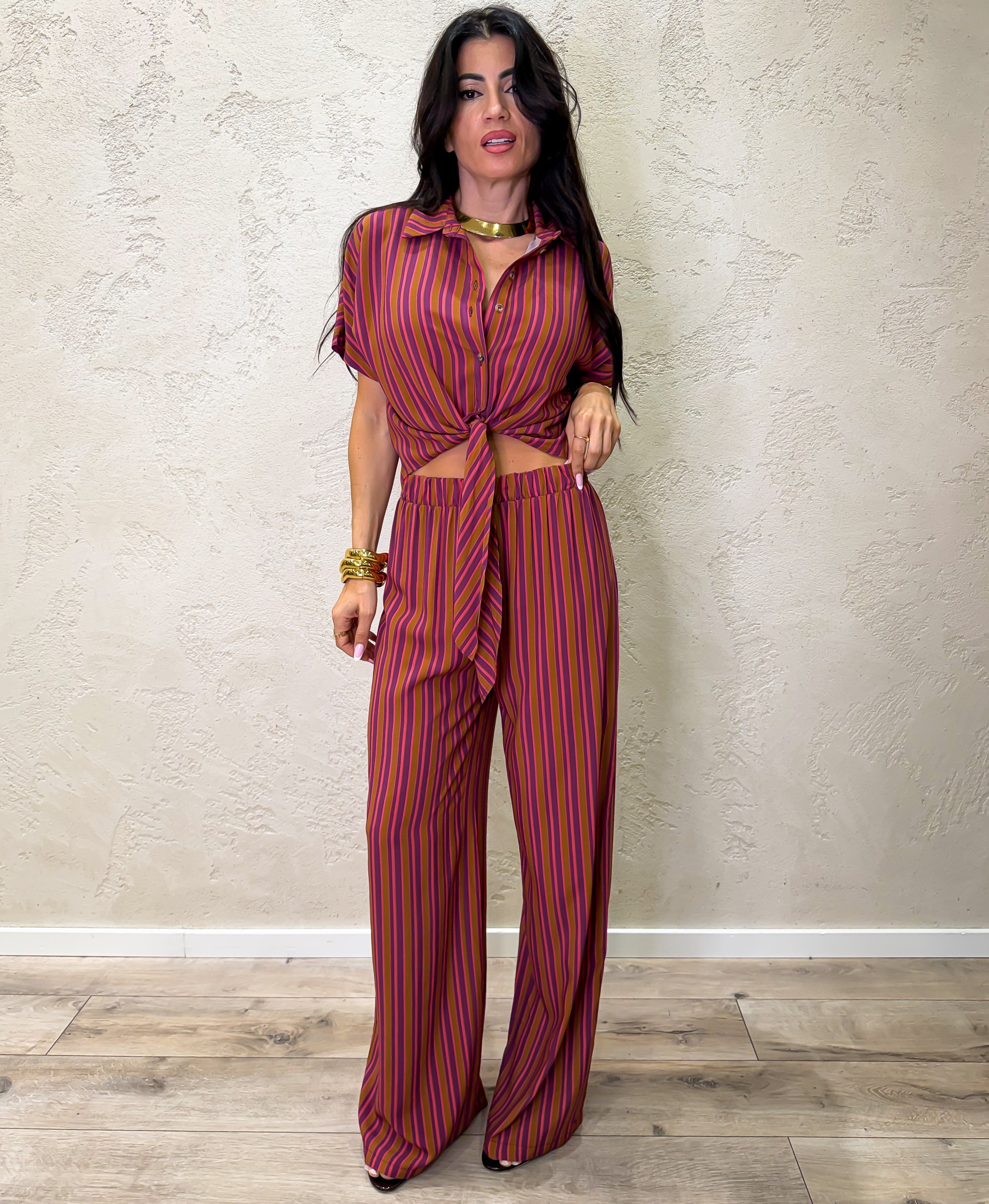 pantalone a palazzo in 100% viscosa fantasia a righe PMA-Q672 ROSA/BRUCIATO HAVEONE 