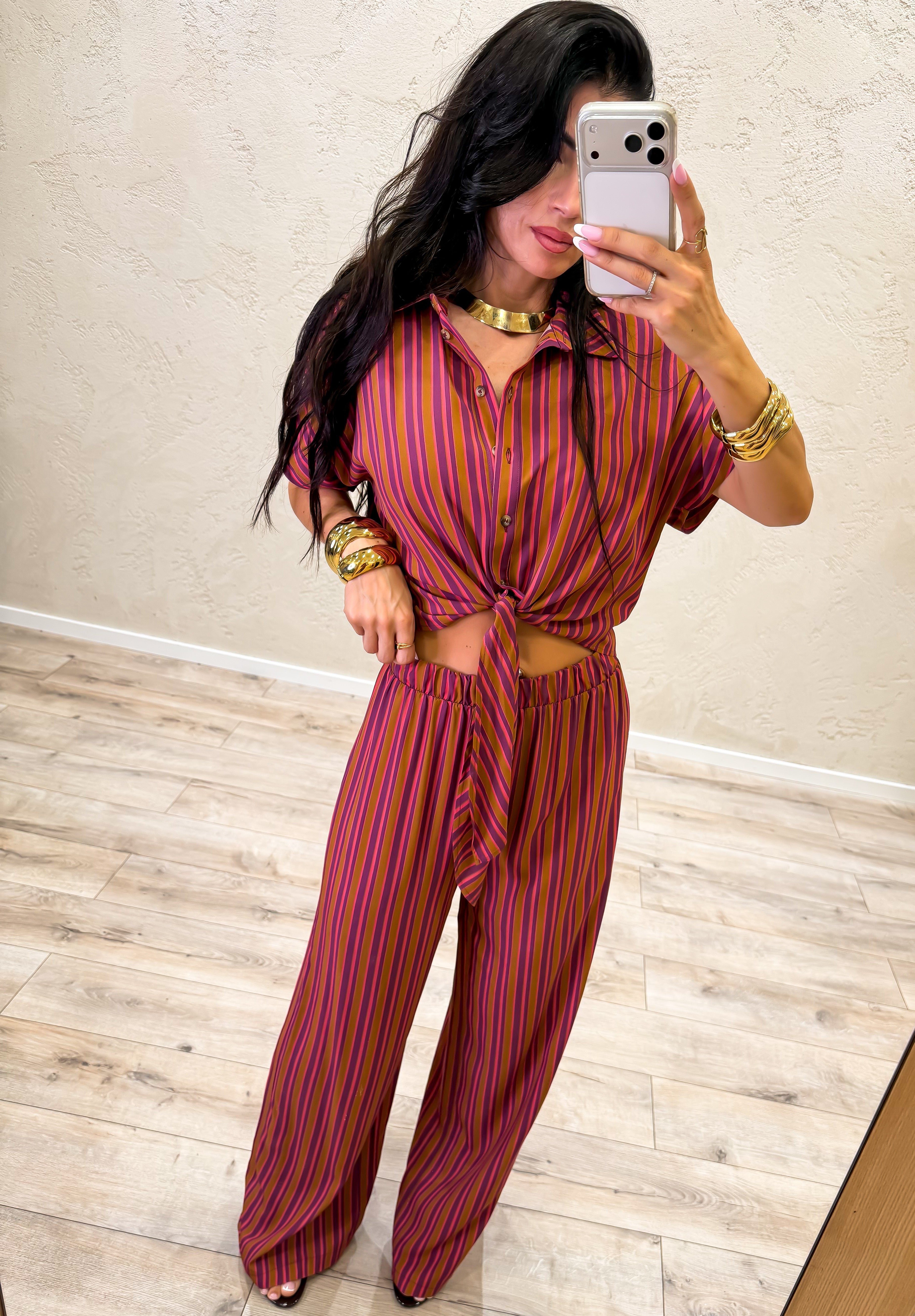 pantalone a palazzo in 100% viscosa fantasia a righe PMA-Q672 ROSA/BRUCIATO HAVEONE 