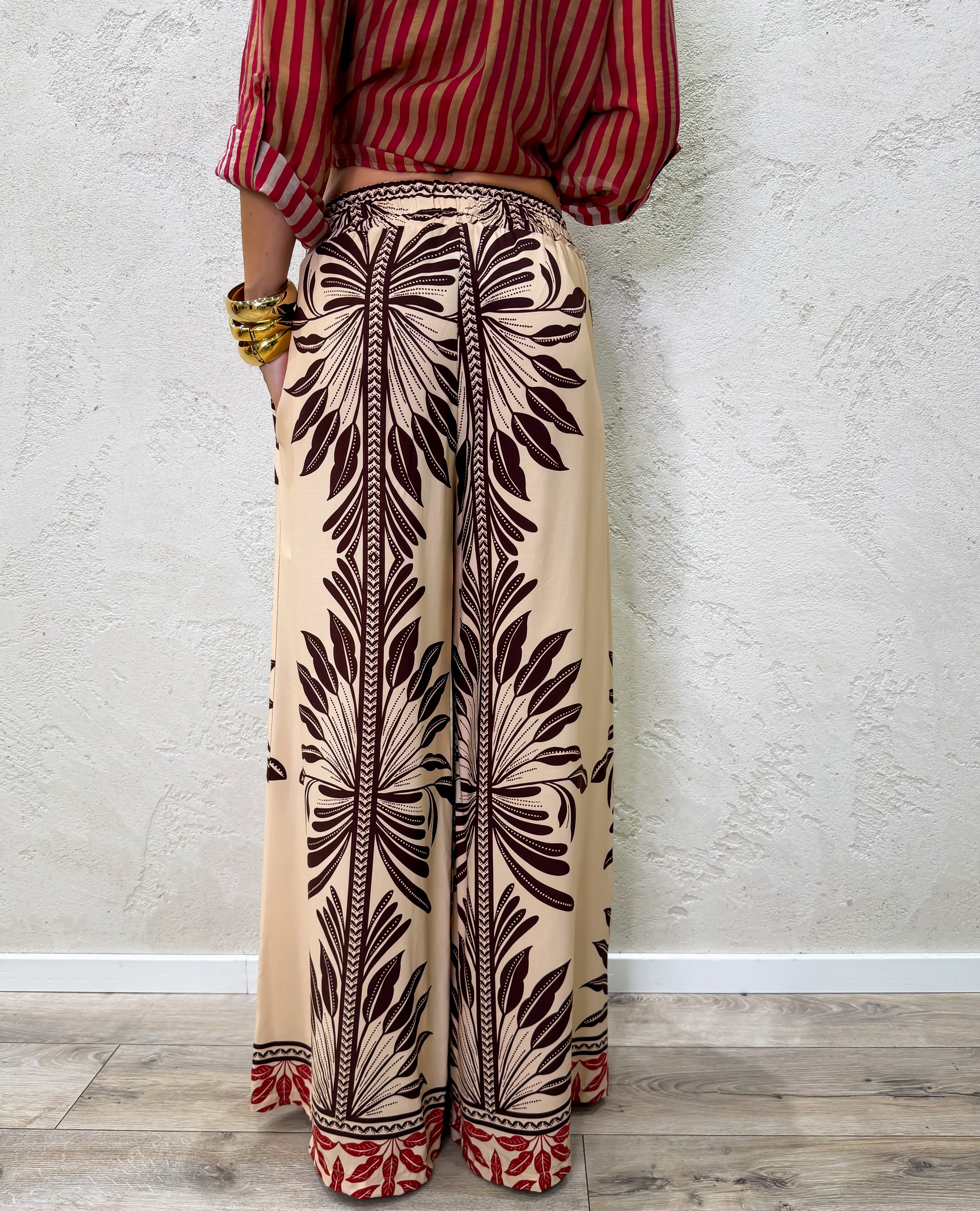 pantalone a palazzo in 100% viscosa fantasia PMA-Q676 BEIGE/MORO HAVEONE 