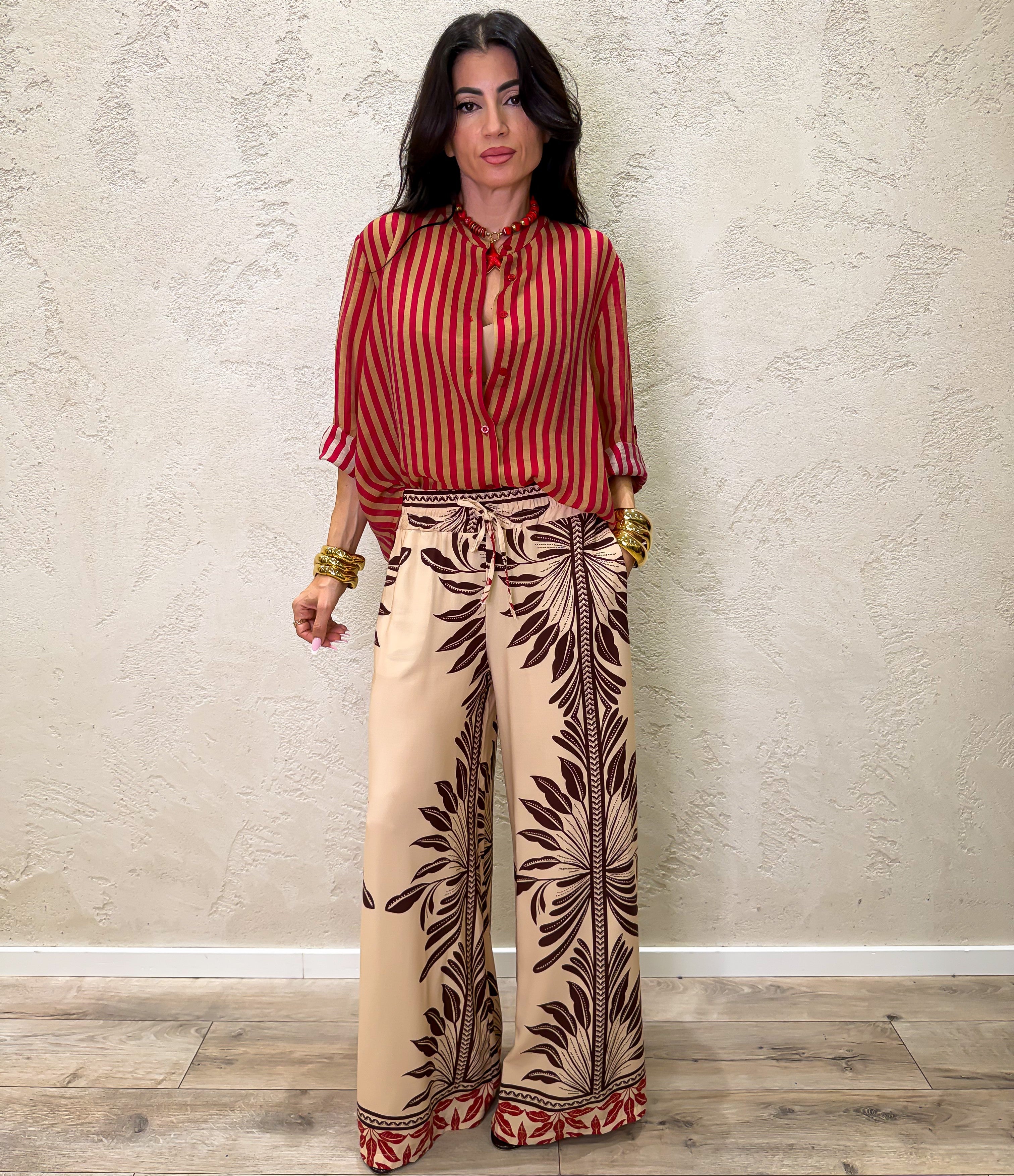 pantalone a palazzo in 100% viscosa fantasia PMA-Q676 BEIGE/MORO HAVEONE 